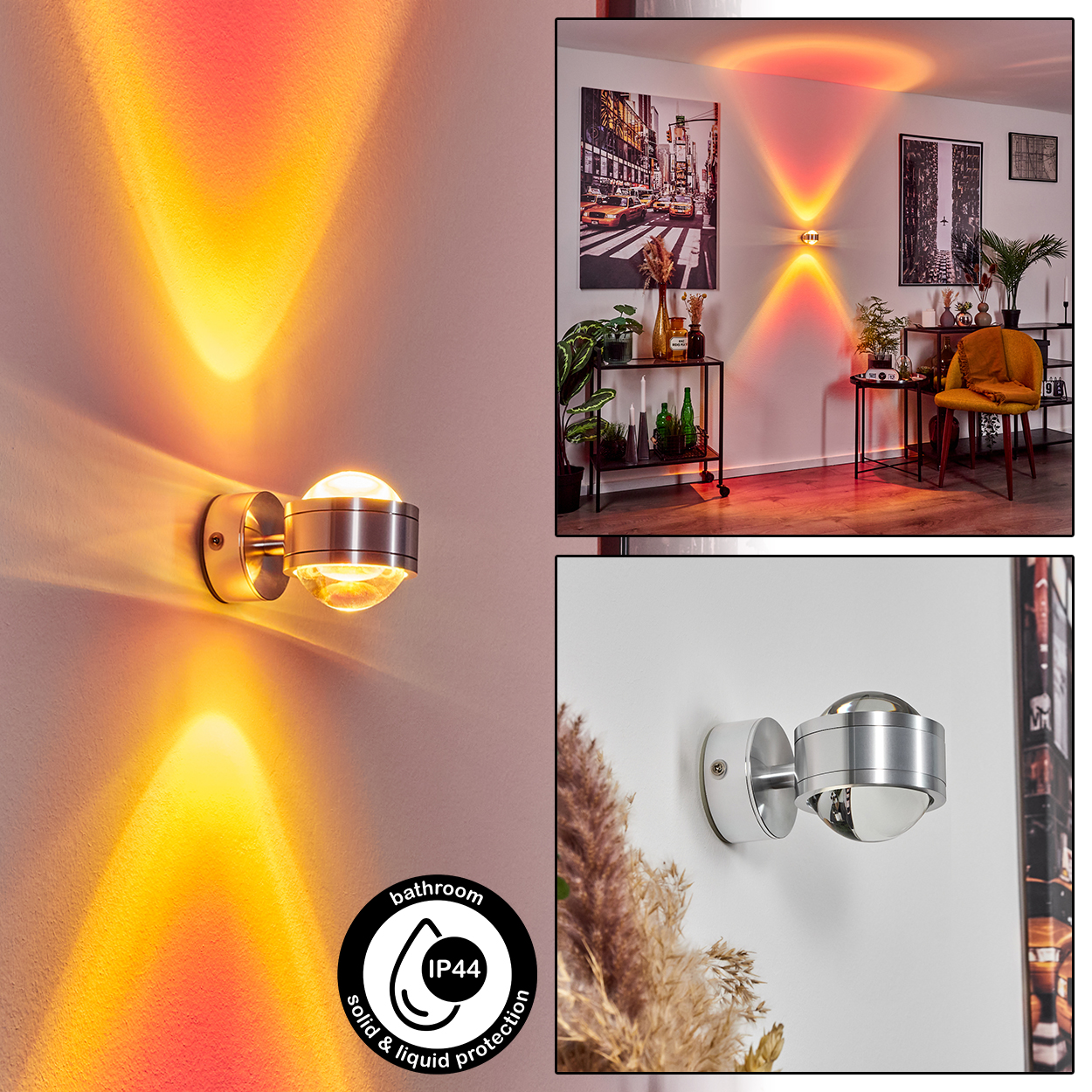 Eine moderne Wandleuchte mit silbernem Finish. Sie projiziert ein fächerförmiges Licht in Orange- und Rottönen. Der Hintergrund zeigt ein Raumsetting.