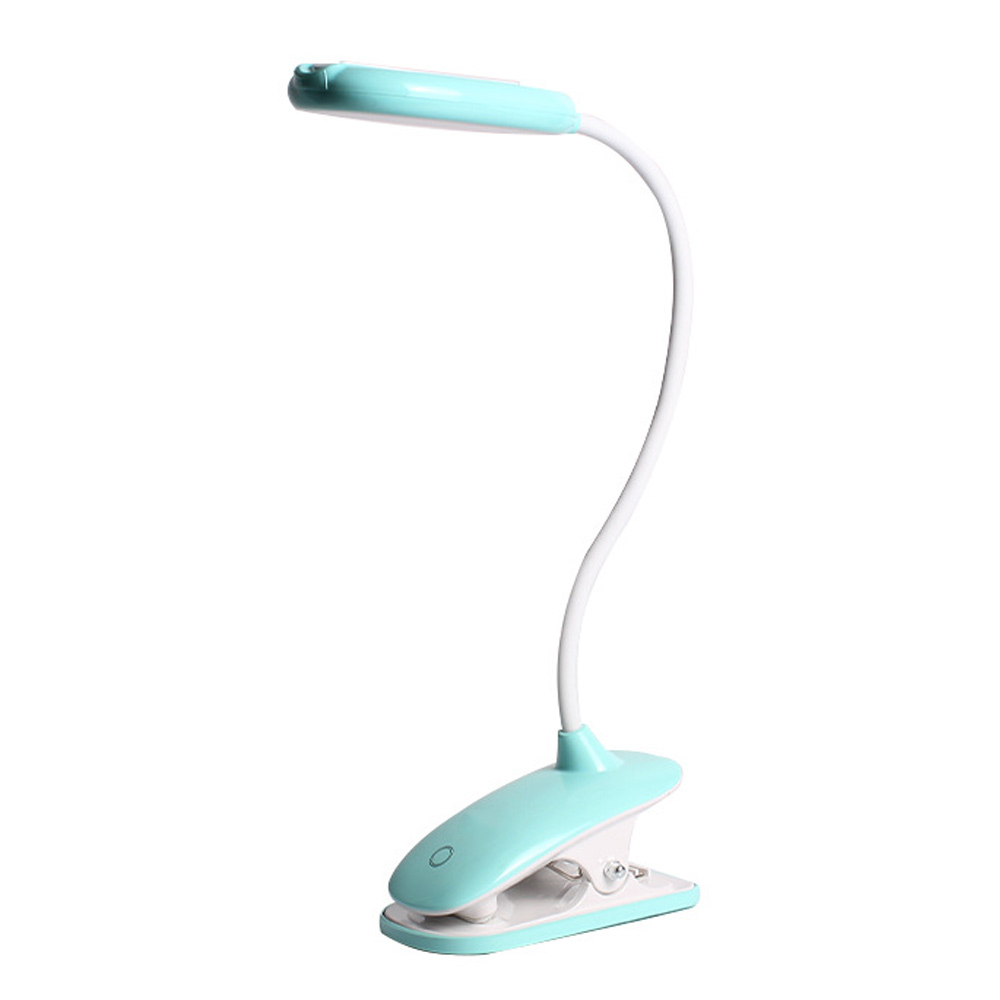 Eine türkis-weiße LED-Schreibtischlampe zum Anklemmen. Die Lampe hat einen flexiblen Hals und einen rechteckigen Kopf. Sie befindet sich vor weißem Hintergrund.
