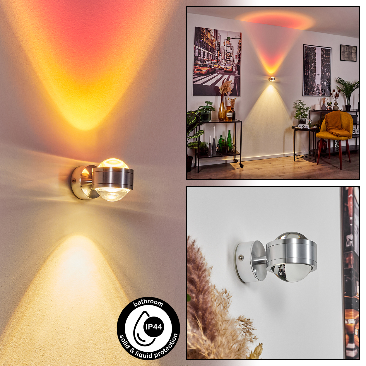 Eine moderne Wandleuchte mit kugelförmigem Glasschirm, die Licht auf die Wand wirft. Das Licht ist gelb und rot gefärbt.