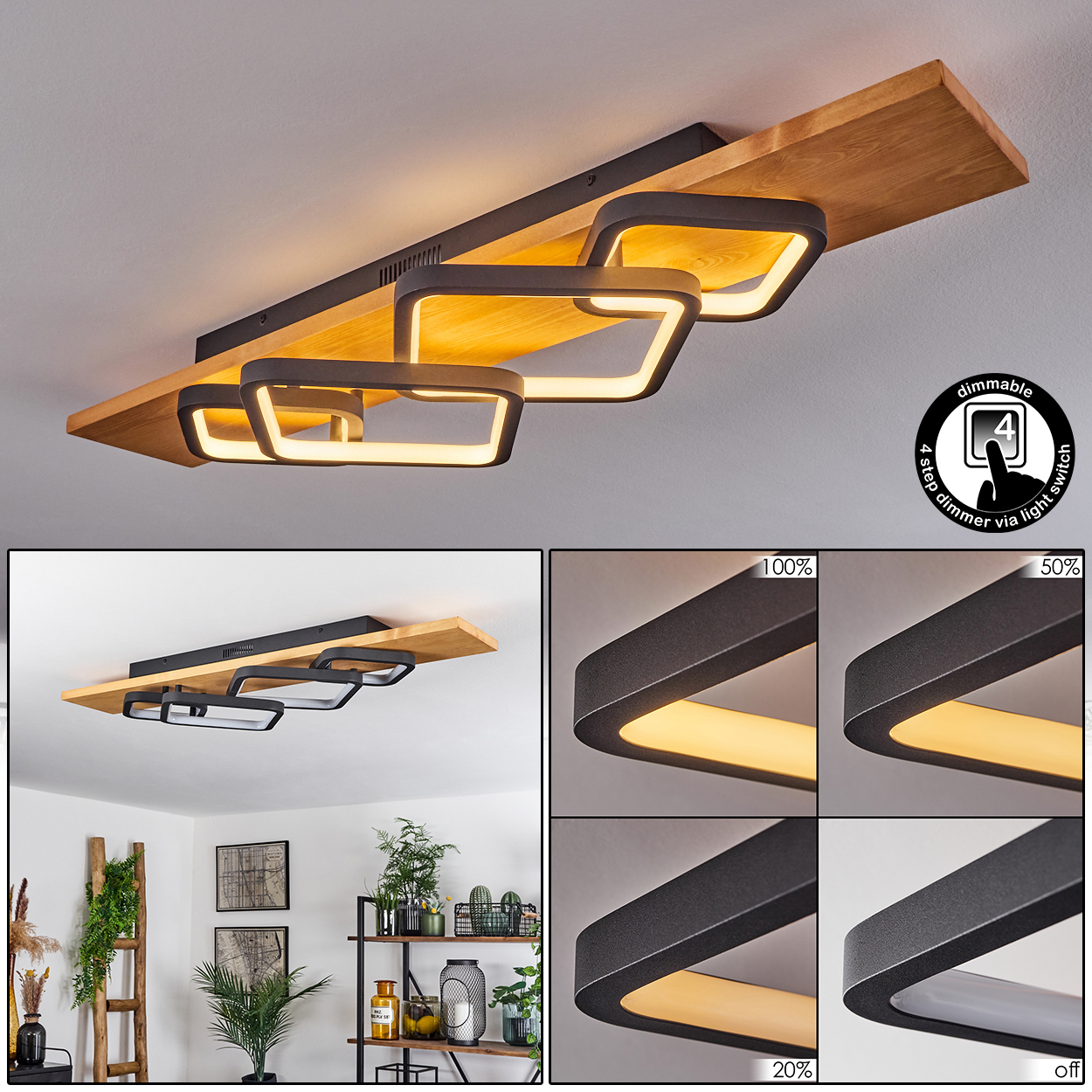 Moderne Deckenlampe mit Holzsockel und vier quadratischen Lichtern. Dimmoptionen werden zusammen mit einer Raumszene gezeigt.