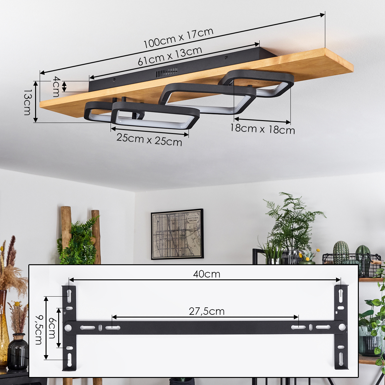 Eine moderne Deckenlampe mit Maßen und einer Halterung. Die Lampe hat eine Holzplatte und schwarze quadratische Lichter. Eine Wand mit Pflanzen ist sichtbar.
