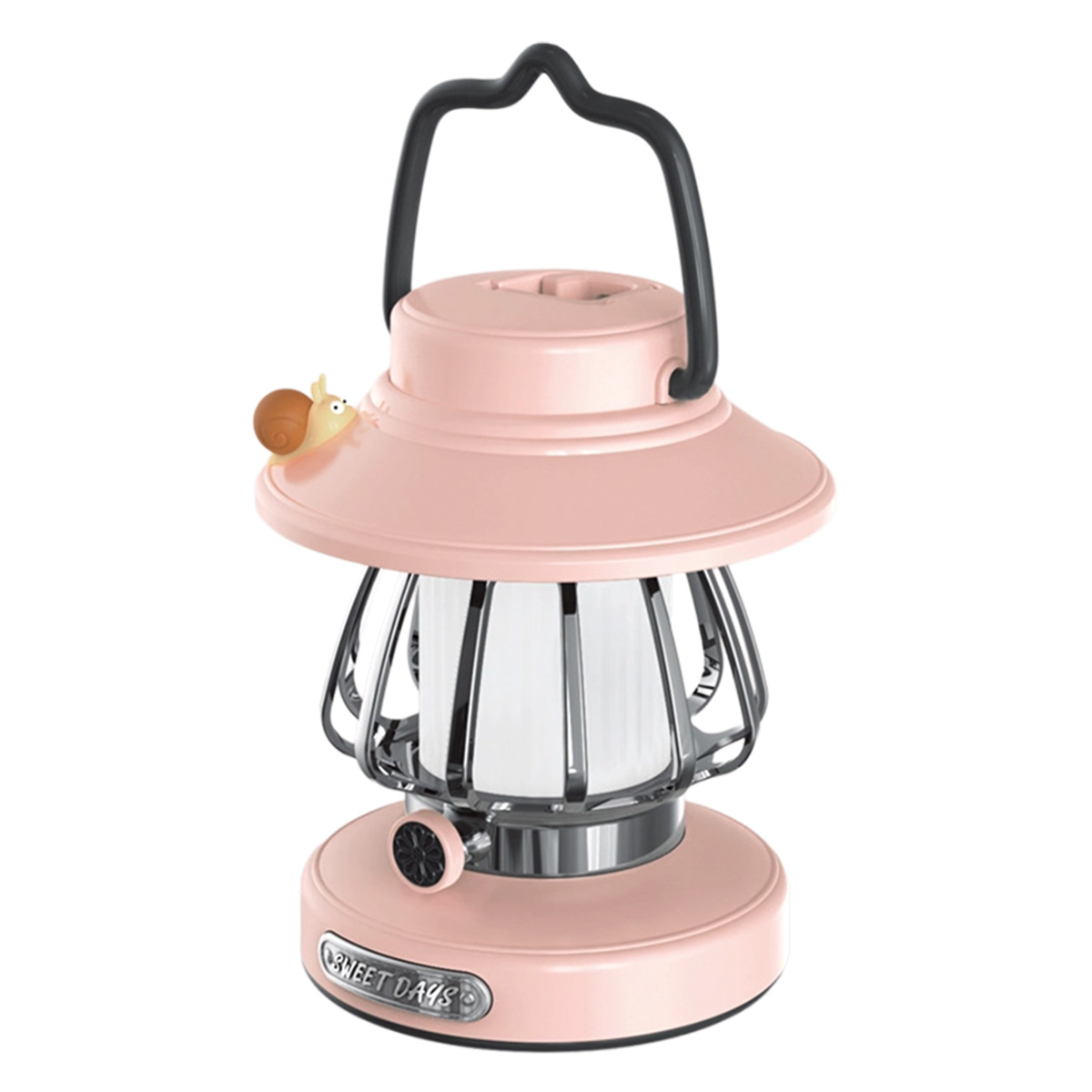Eine rosa Laterne mit schwarzem Griff und Schneckenverzierung. Sie hat einen Metallkäfig und trägt die Aufschrift 'Sweet Days'.