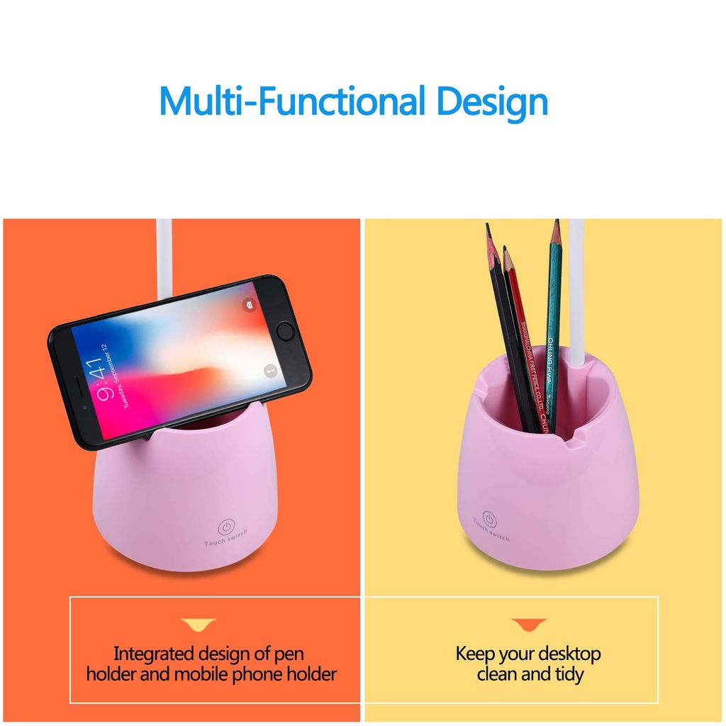Das Bild zeigt einen rosa Stifthalter mit einem Telefon und Bleistiften. Der Text lautet 'Multifunktionales Design' und 'Halten Sie Ihren Schreibtisch sauber'.