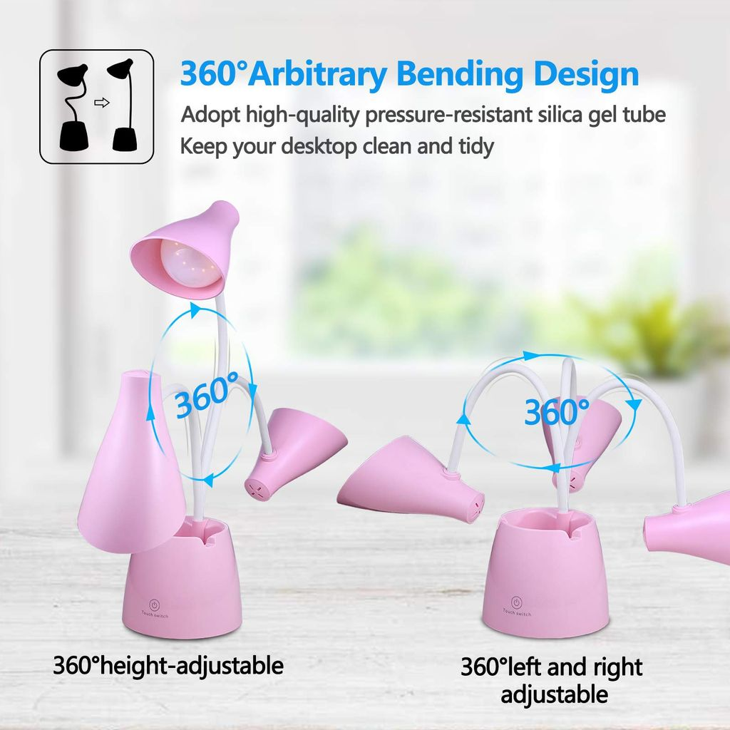 Rosa Schreibtischlampe mit 360-Grad-verstellbarem Kopf. Text: '360° Arbitrary Bending Design'. Sie hat einen Touch-Schalter und Höhenverstellung.