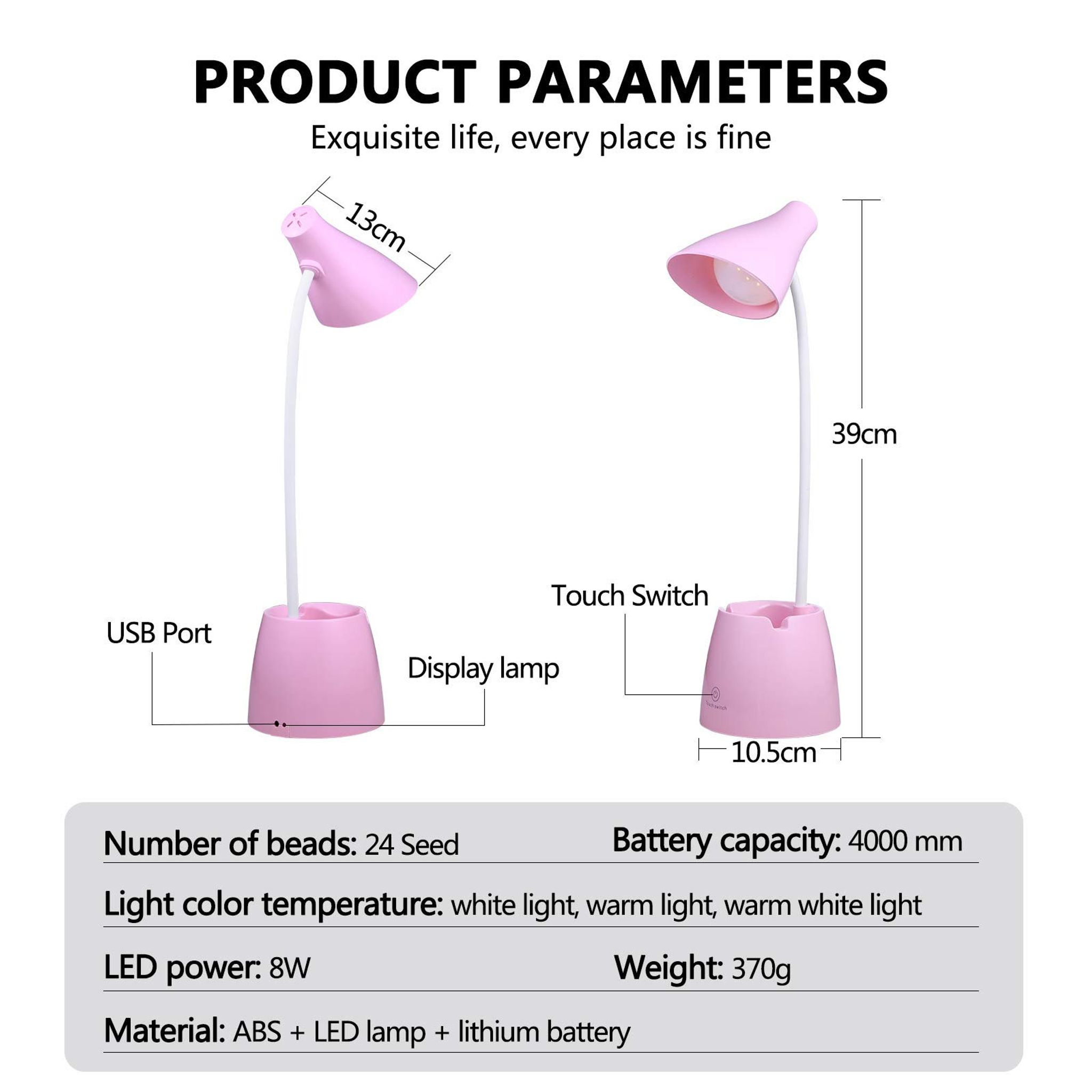 Das Bild zeigt eine rosa Schreibtischlampe mit Abmessungen und Spezifikationen. Sie hat einen USB-Anschluss und einen Touch-Schalter.