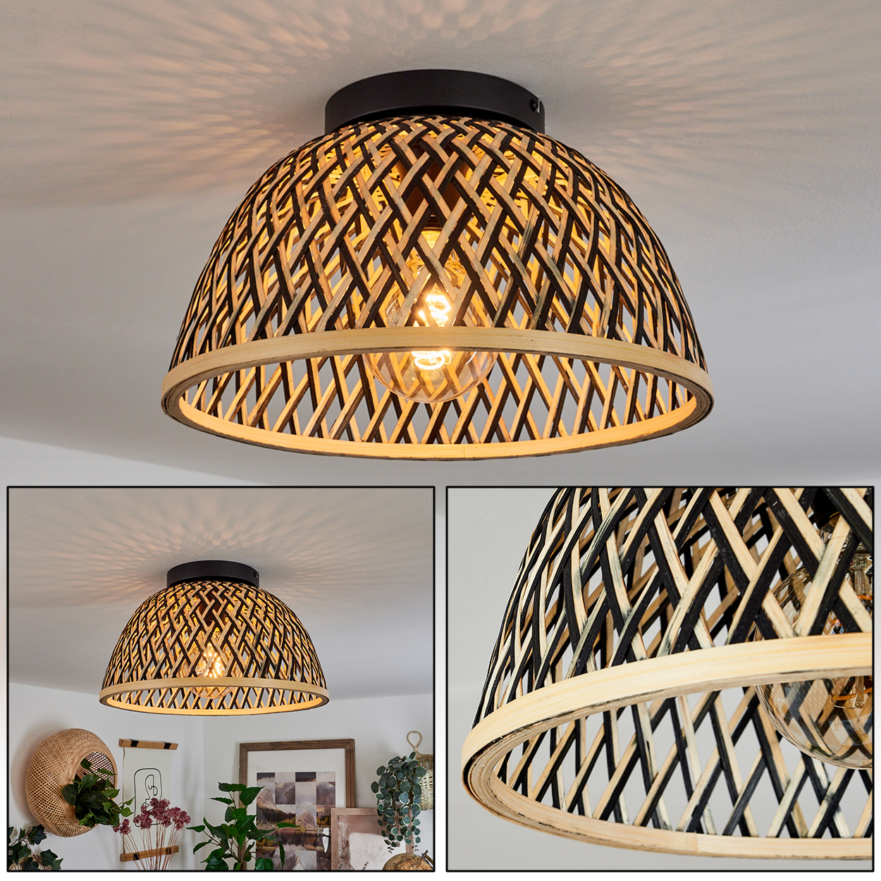 Eine gewebte Bambuslampe hängt von einer weißen Decke. Die Lampe hat eine Glühbirne in der Mitte und ist von einer gewebten Kuppel umgeben.