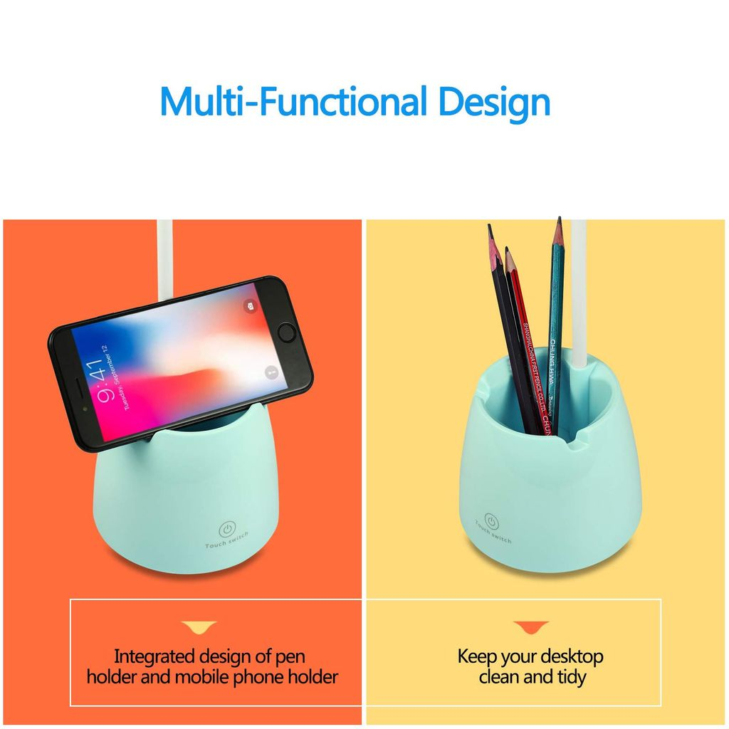 Ein Schreibtisch-Organizer mit Telefon und Bleistiften. Auf der linken Seite befindet sich ein Telefon, auf der rechten Seite Bleistifte. Der Text lautet multifunktionales Design.