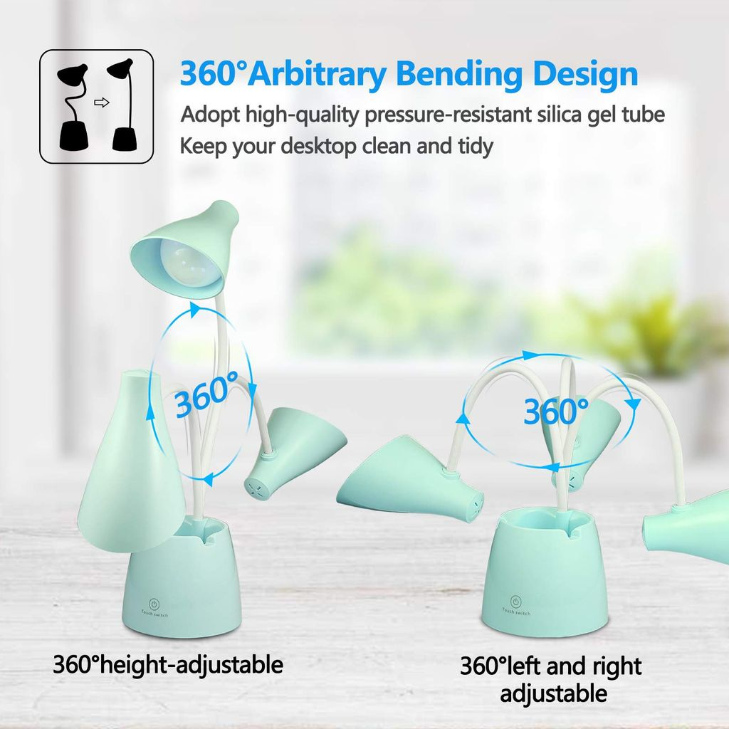 Eine mintgrüne Schreibtischlampe, die ihre 360-Grad-Verstellbarkeit zeigt. Die Lampe hat einen Touch-Schalter und ist höhen- und links/rechts verstellbar.