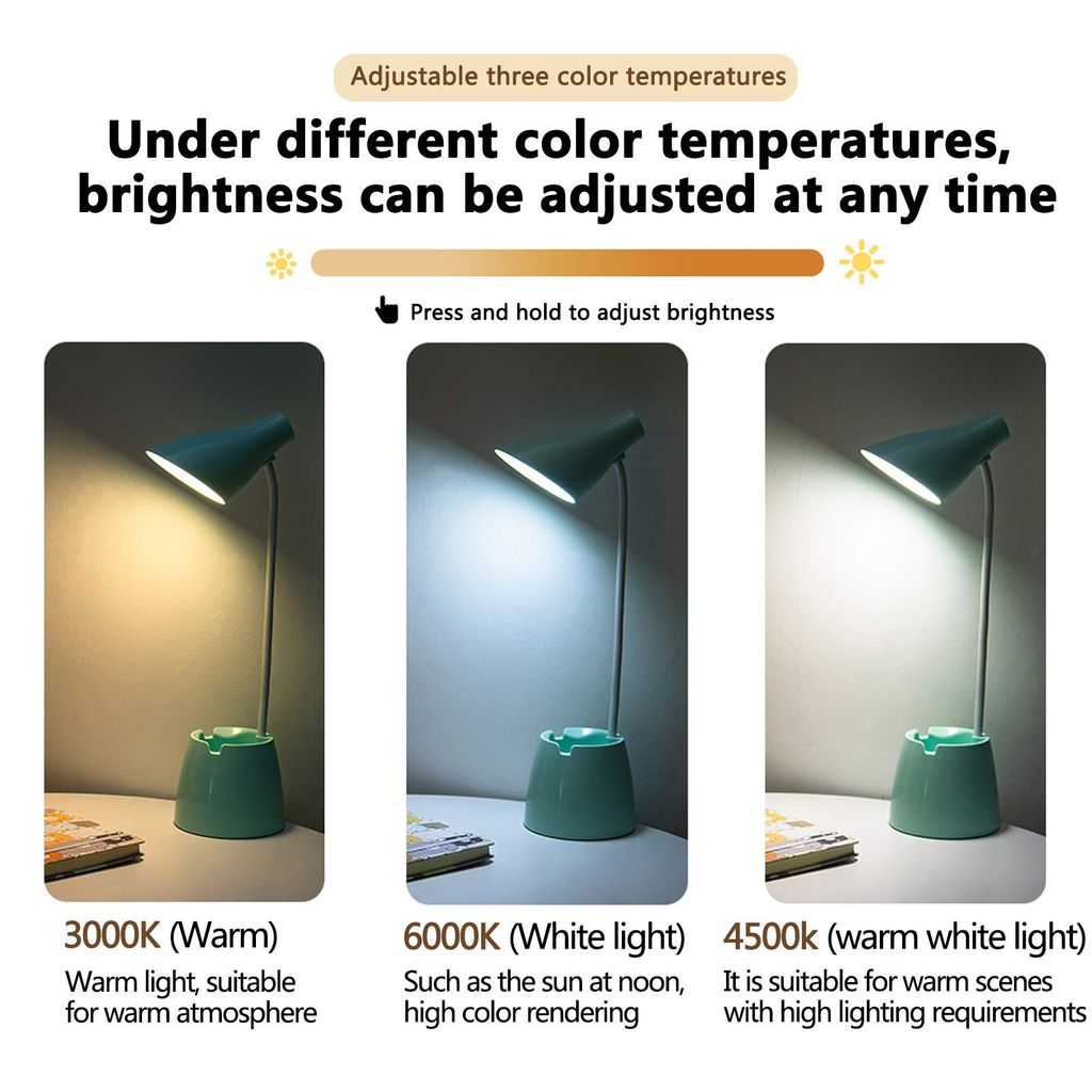 Das Bild zeigt eine Schreibtischlampe mit einstellbaren Farbtemperaturen: warm, weiß und warmweiß. Text erklärt die Helligkeitseinstellung.