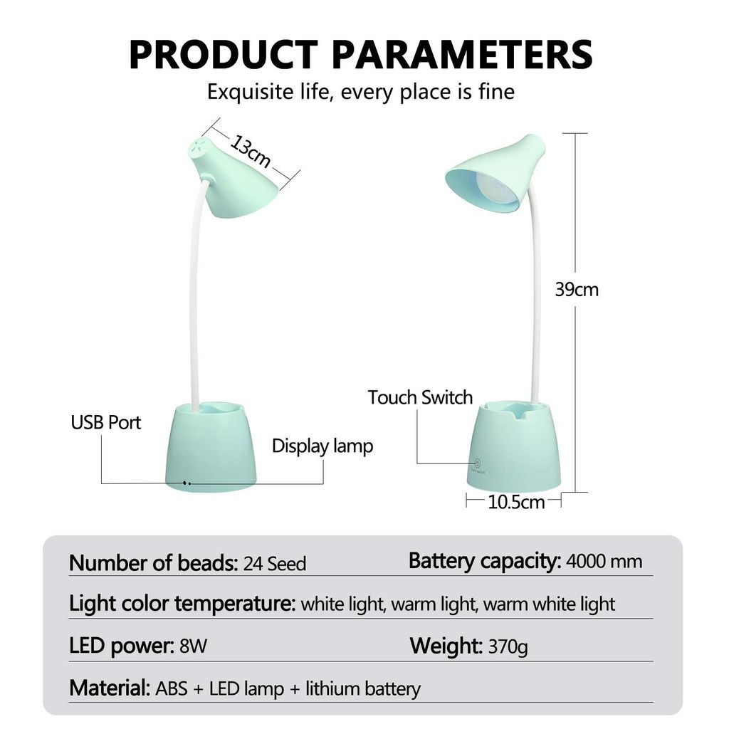 Eine Schreibtischlampe wird mit Maßen und Spezifikationen gezeigt. Die Lampe ist mintgrün mit Touch-Schalter und USB-Anschluss.