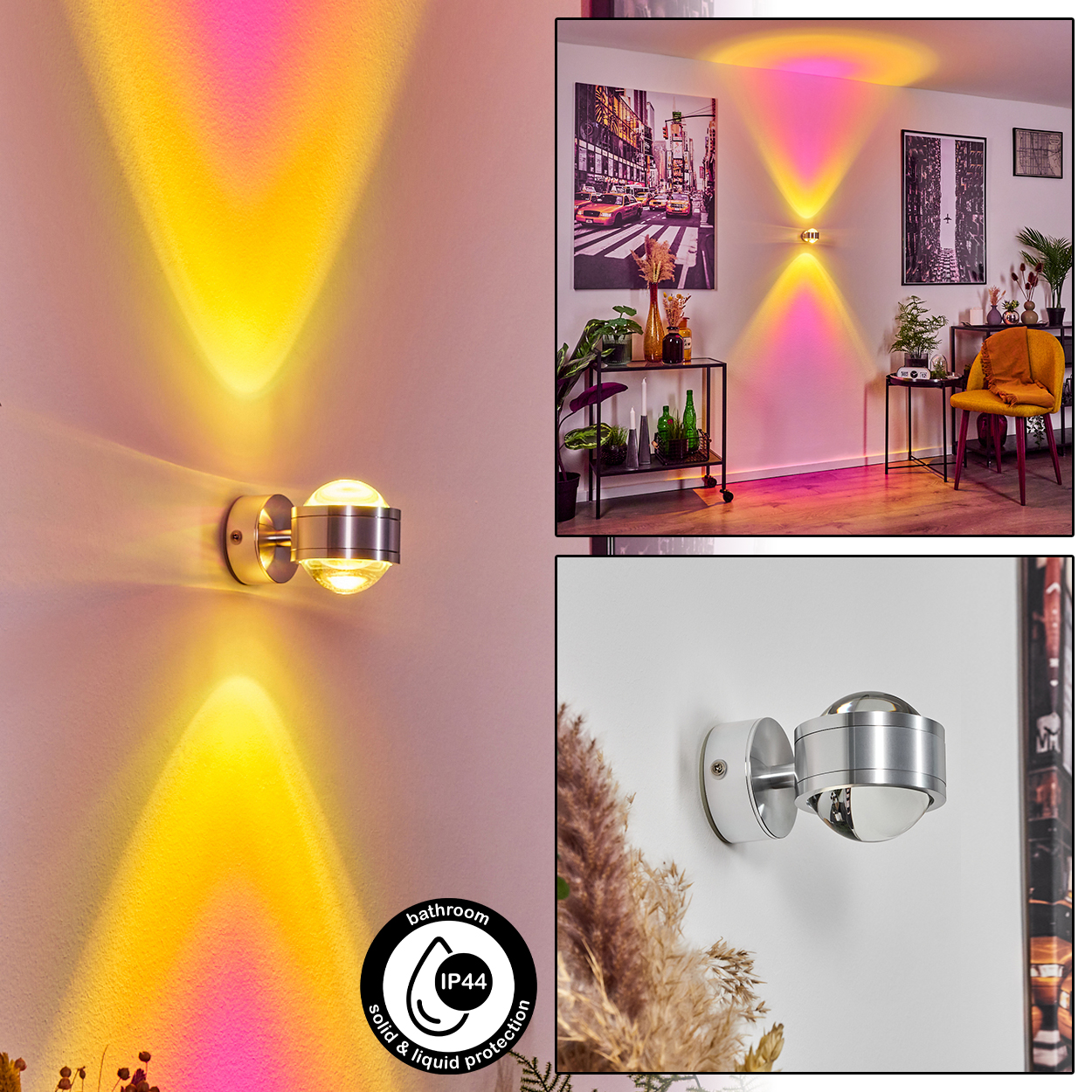 Eine Wandleuchte mit rundem Licht. Das Licht scheint in Rosa und Gelb. An der Wand befindet sich ein Bild.