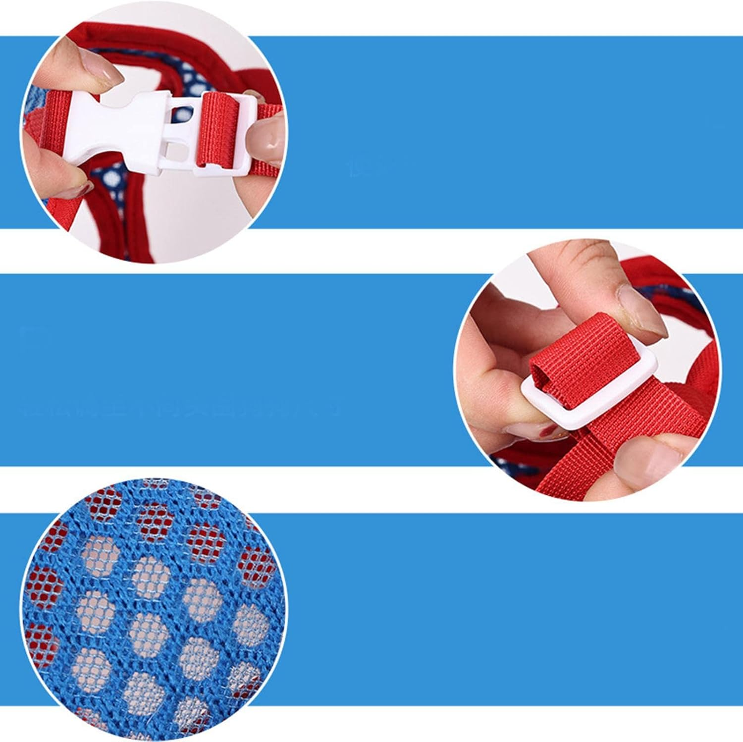 Nahaufnahme eines roten Hunde-Geschirrs. Details der Schnalle und des Netzmaterials sind sichtbar. Blauer Hintergrund.