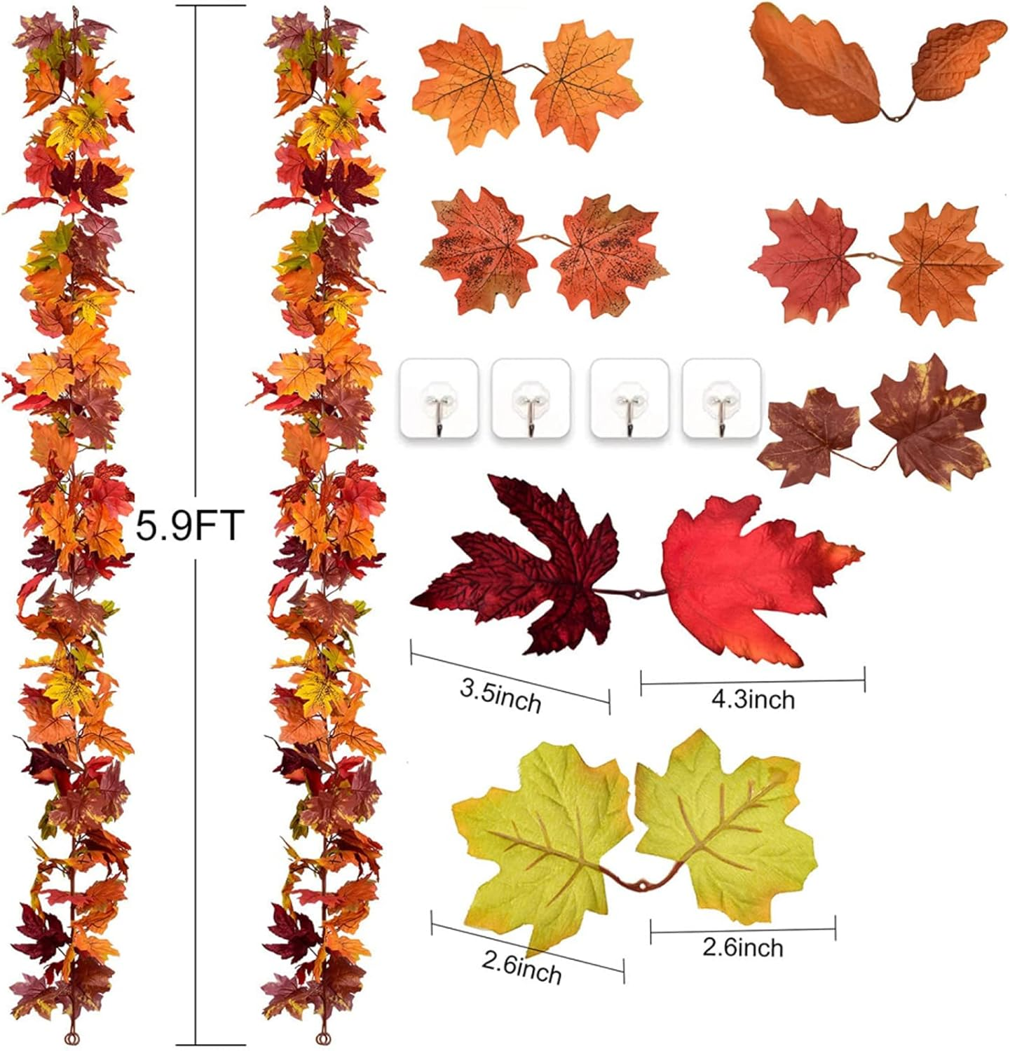 Das Bild zeigt Herbstblätter in verschiedenen Farben, Größen und Anordnungen, darunter Girlanden und einzelne Blätter. Abmessungen sind angegeben.