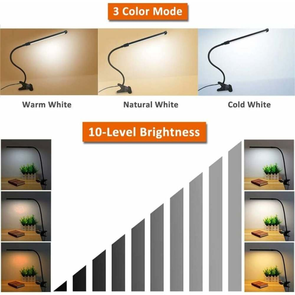 Eine Schreibtischlampe mit verschiedenen Farbmodi und Helligkeitsstufen wird gezeigt. Die Lampe hat einen flexiblen Arm und einen Clipfuß.