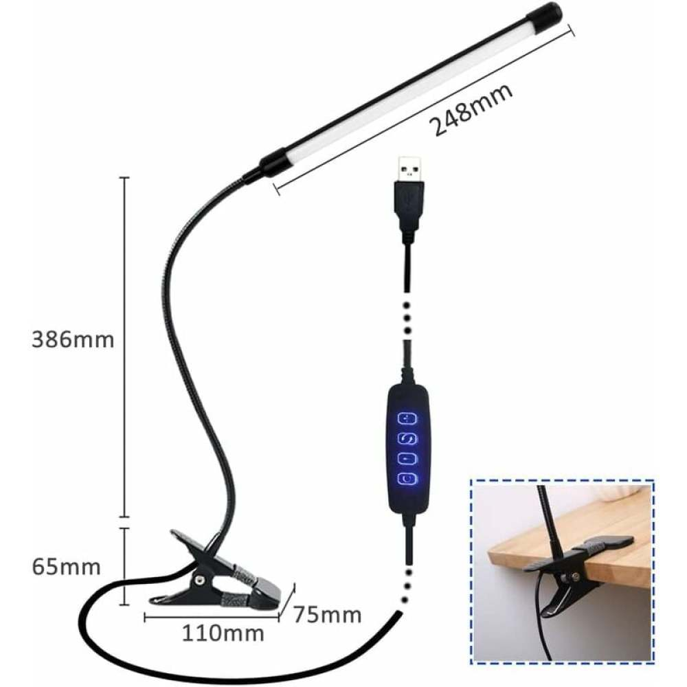 Schwarze Schreibtischlampe mit Clip-Basis. Sie hat ein USB-Kabel und ein Bedienfeld mit Tasten. Die Lampe ist weiß, wenn sie leuchtet.