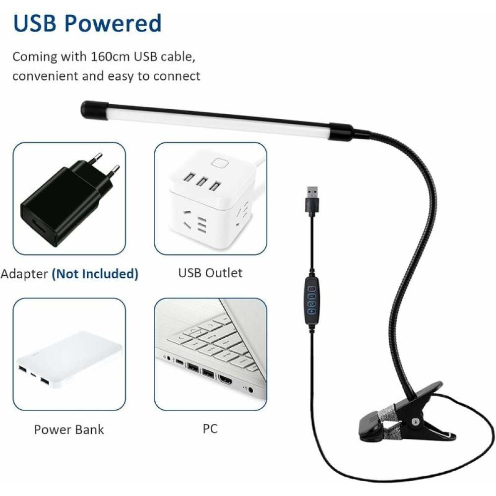 Das Bild zeigt eine USB-betriebene Lampe mit flexiblem Hals und Klemme. Sie ist mit einem USB-Kabel verbunden und enthält einen Netzadapter, eine USB-Steckdose, eine Powerbank und einen PC.