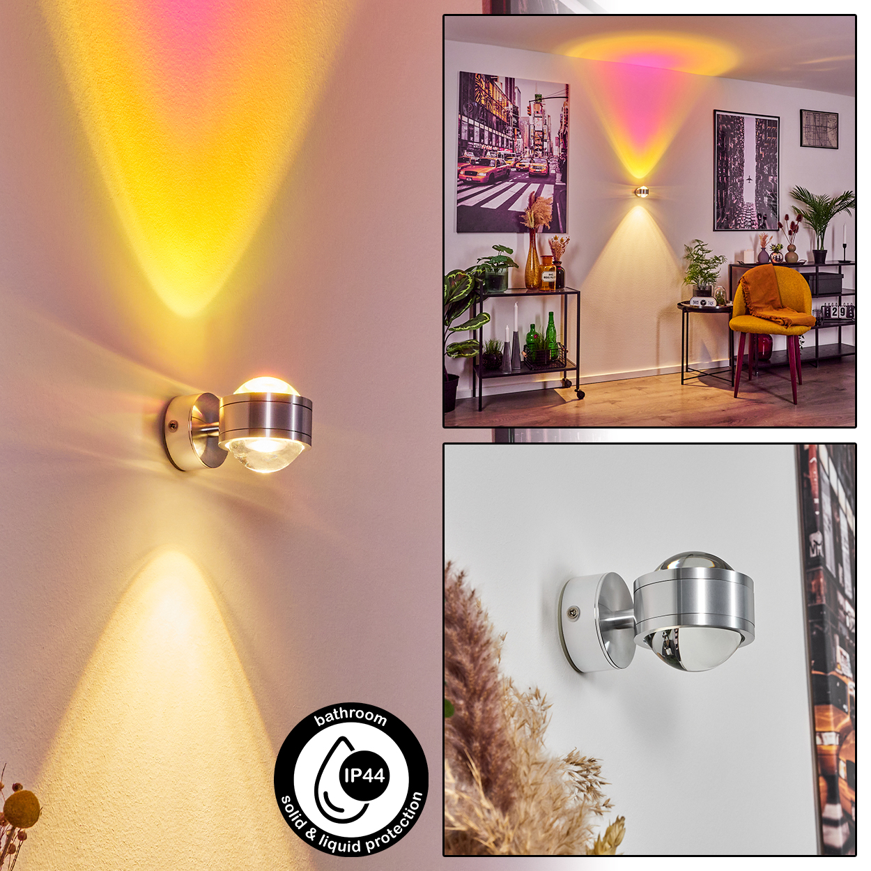 Eine moderne Wandleuchte mit kugelförmigem Licht, die farbenfrohe Lichtmuster projiziert. Die Lampe befindet sich an einer weißen Wand, IP44 Symbol sichtbar.