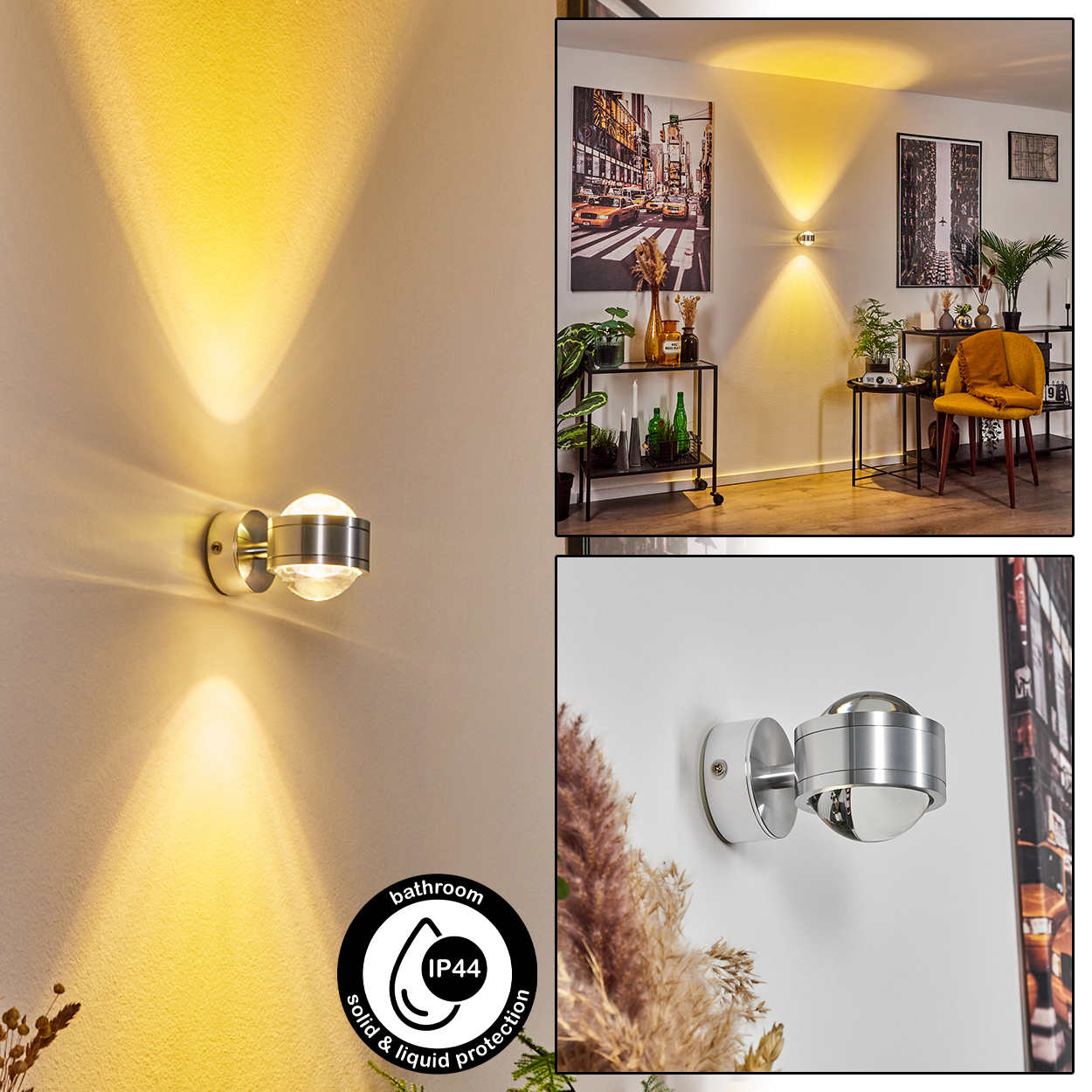 Eine moderne Wandleuchte mit silbernem Finish. Sie wirft zwei Lichtstrahlen. Das Bild zeigt die Lampe in einem Badezimmer.