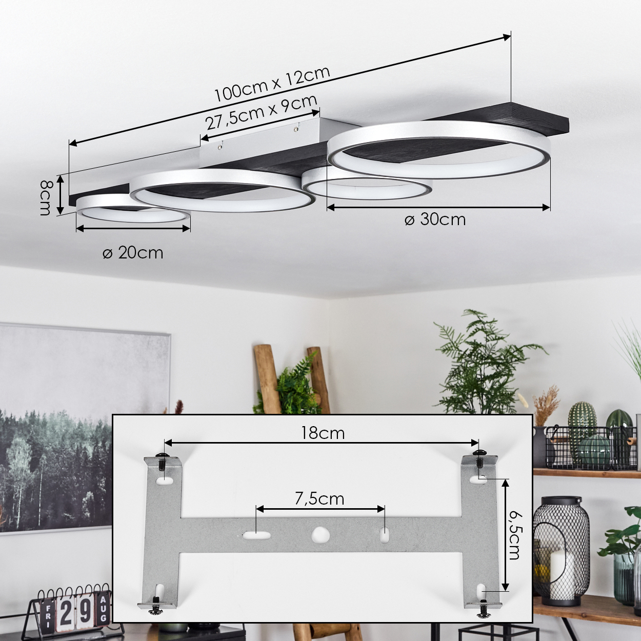 Moderne Deckenlampe mit vier kreisförmigen Lichtern. Abmessungen sind angegeben. Eine Metallhalterung mit Maßen wird gezeigt.