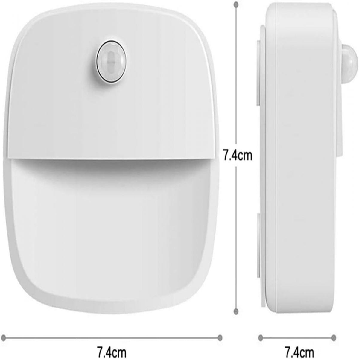 Ein weißes Bewegungssensorlicht mit den Maßen 7,4 cm x 7,4 cm. Es hat ein abgerundetes Design mit einem Sensor oben.