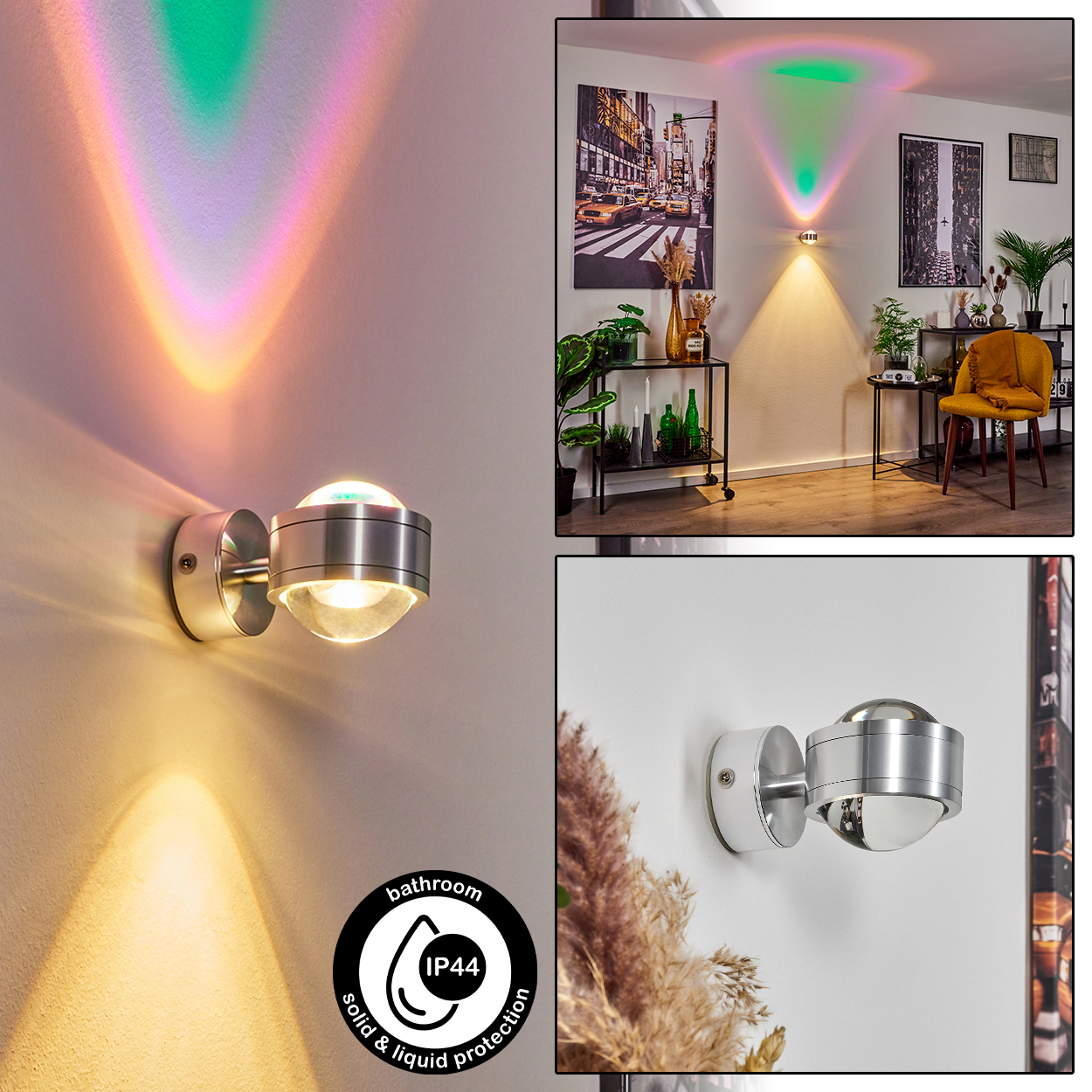 Eine Wandleuchte projiziert farbiges Licht. Die Leuchte hat ein silbernes Finish und eine Glühbirne. Ein Badezimmer-IP44-Logo ist sichtbar.