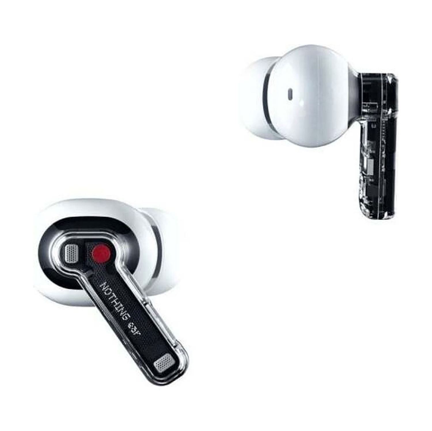 Dwa bezprzewodowe słuchawki. Biała słuchawka z czarnym trzpieniem, z napisem 'Nothing ear'. Jedna słuchawka jest odłączona.