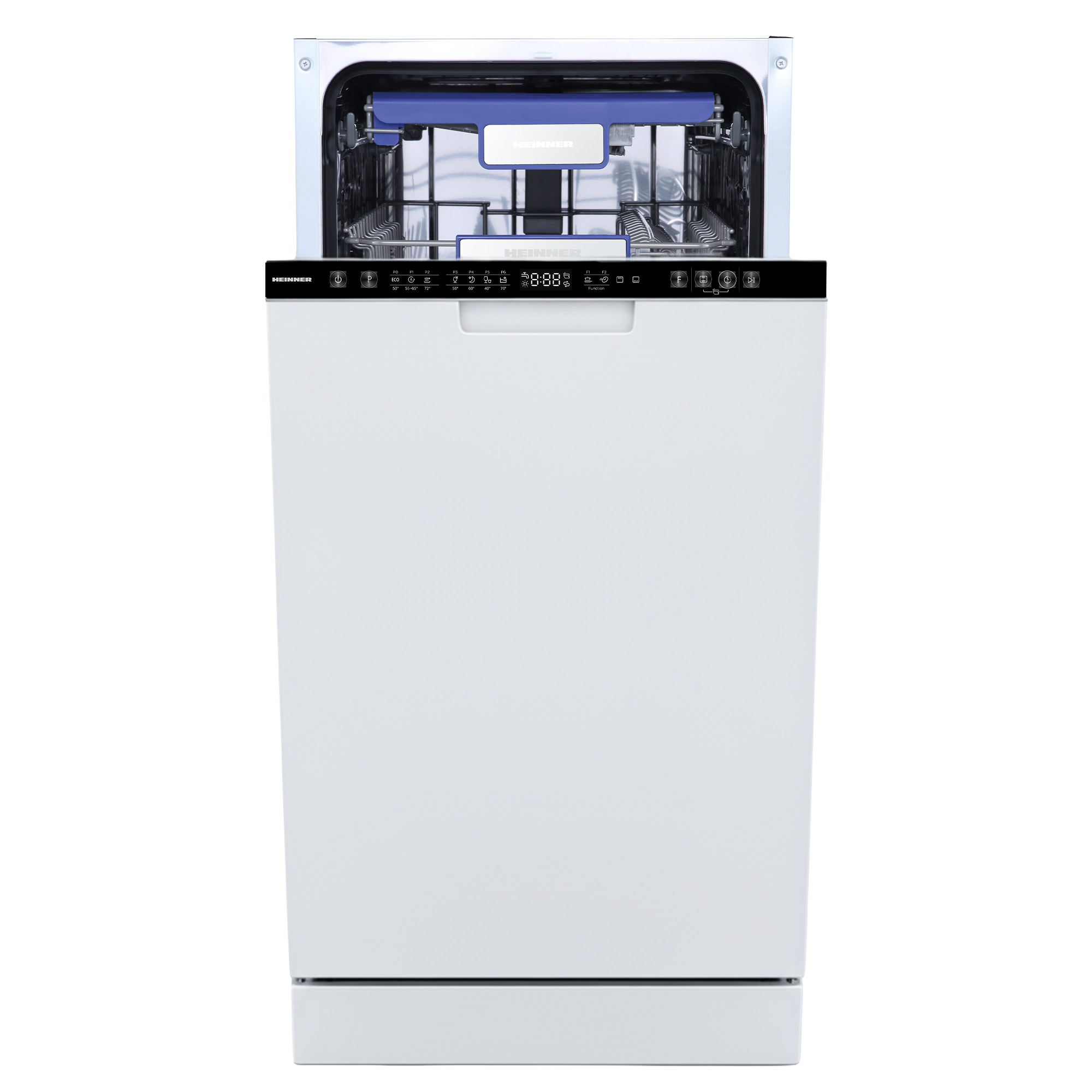 Een witte Heinner vaatwasser met de deur open, die de binnenkant en het bedieningspaneel met digitaal display laat zien.