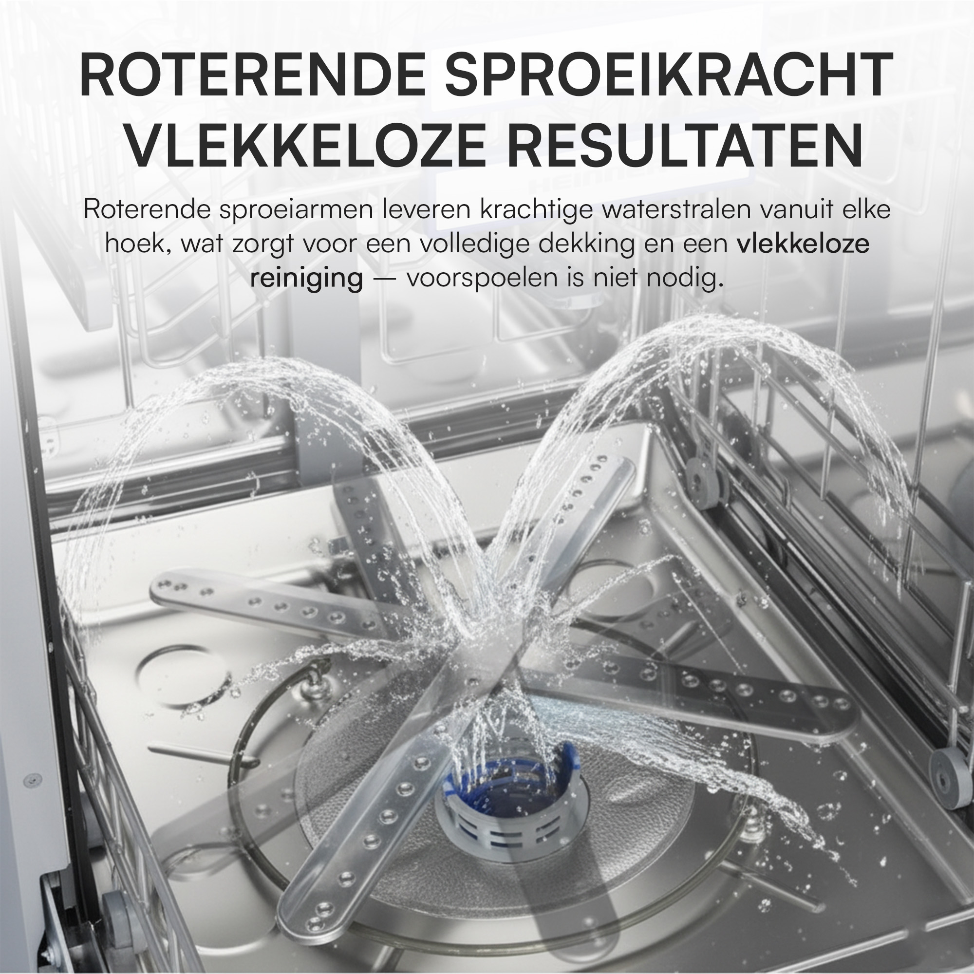 Binnenkant van de vaatwasser. Water spuit uit roterende armen en maakt de vaat schoon. RVS interieur. Tekst over schoonmaken.