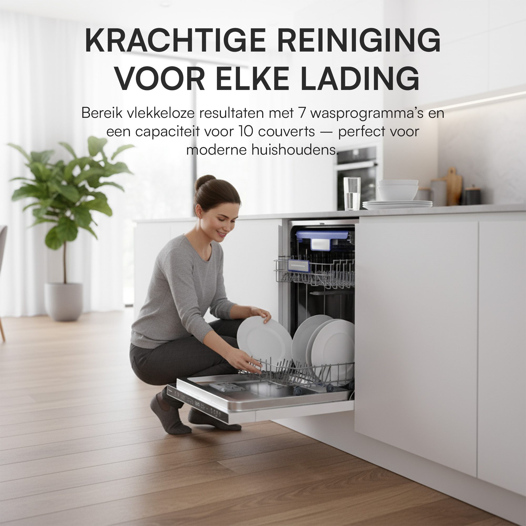 Vrouw die de vaat in een vaatwasser plaatst. Bovenstaande tekst luidt: Krachtige reiniging voor elke lading.