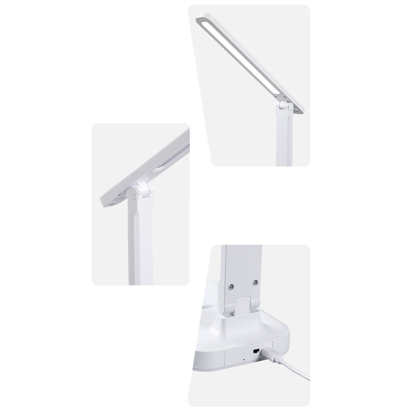 Weiße Schreibtischlampe, Abschnitte mit Lampenkopf, Arm und Sockel mit Ladekabel.