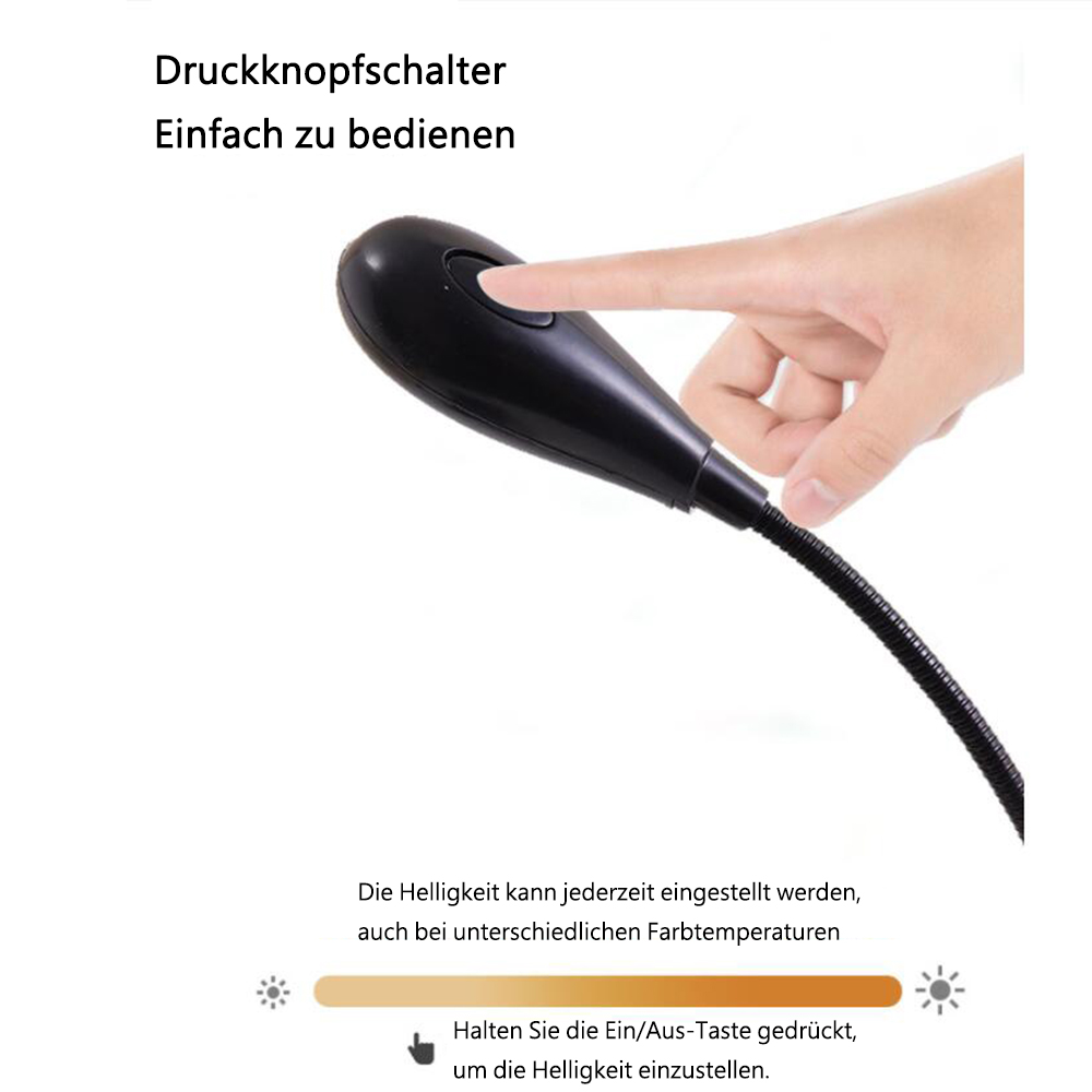 Eine Hand drückt eine schwarze Taste. Die Taste befindet sich an einer schwarzen, gebogenen Lampe. Text beschreibt Helligkeitseinstellung.