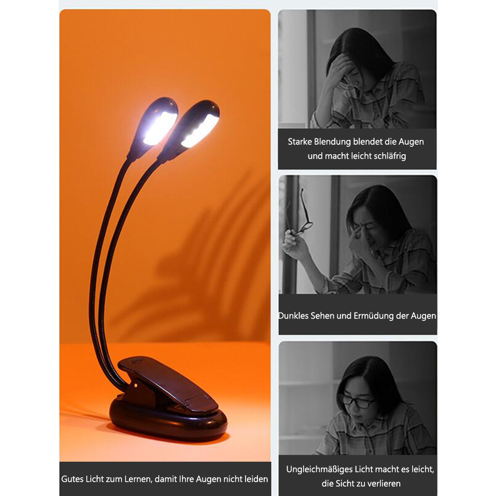 Eine Schreibtischlampe mit zwei Lichtern ist an. Der Hintergrund ist orange. Drei kleine Bilder zeigen Augenbelastung und Sehprobleme.