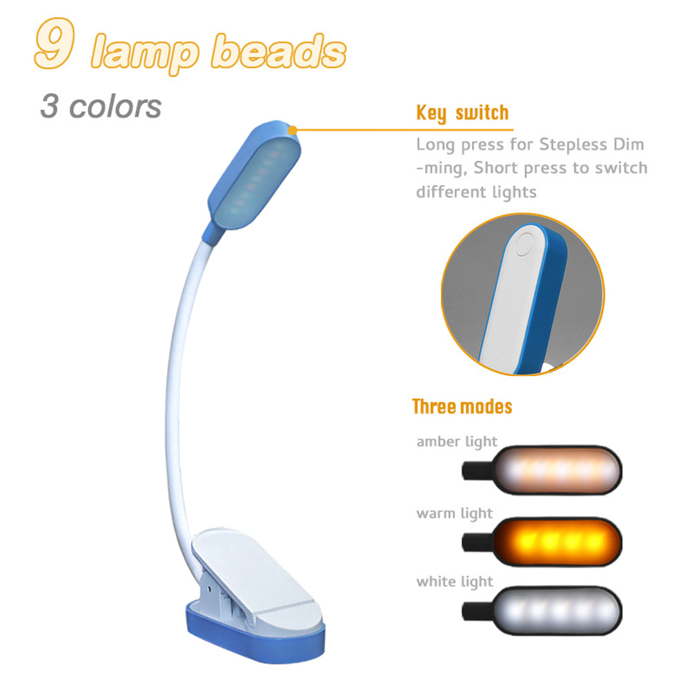 Eine blau-weiße LED-Schreibtischlampe. Sie hat 9 Lampenperlen und 3 Farbmodi: bernsteinfarben, warm und weiß. Es gibt einen Schlüsselschalter.