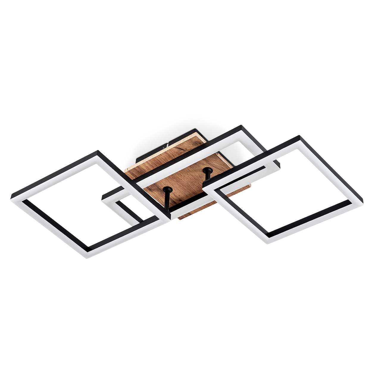 Eine moderne Deckenleuchte mit drei quadratischen Rahmen. Die Leuchte hat eine Holzbasis und schwarz-weiße quadratische Rahmen.