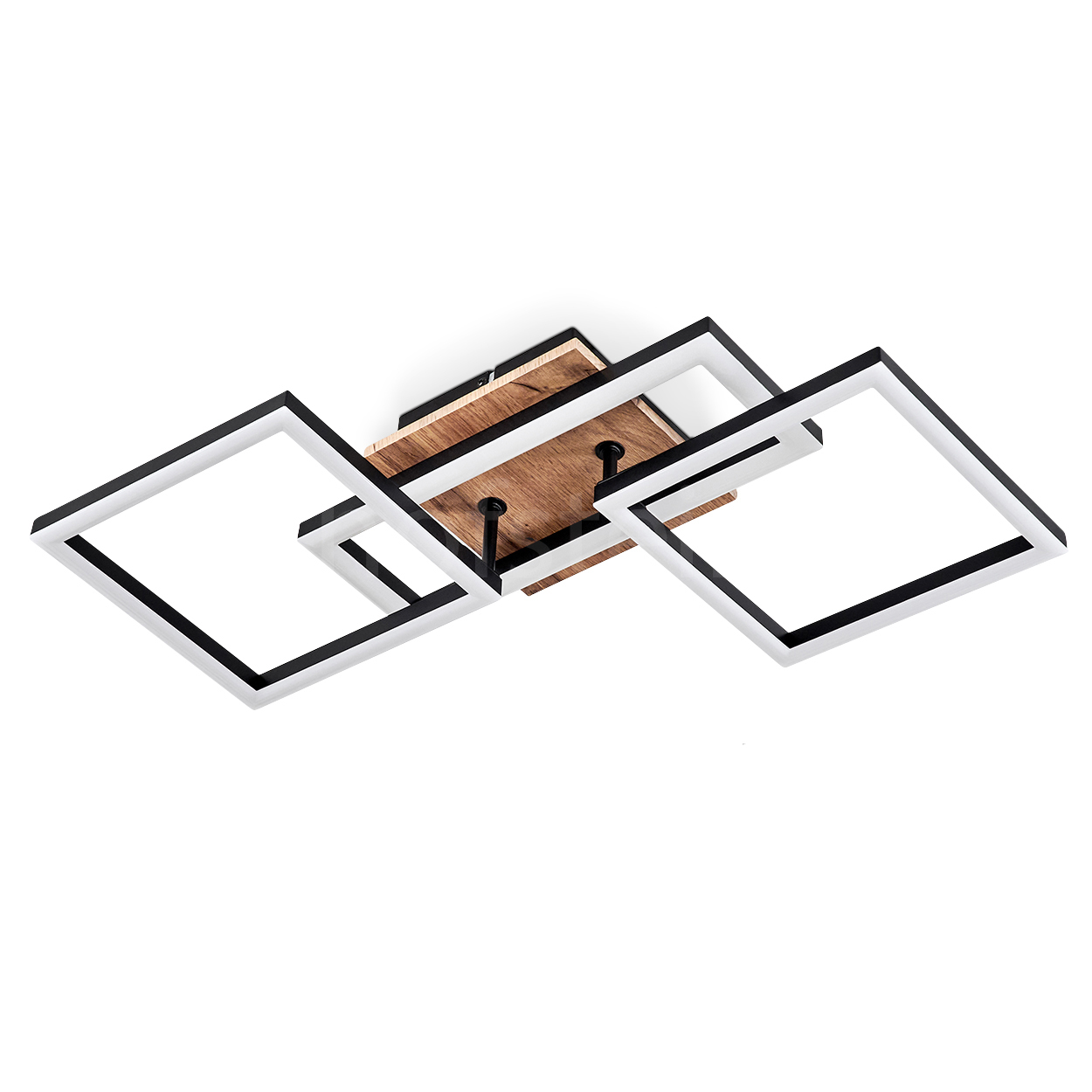 Moderne Deckenleuchte mit quadratischen Rahmen. Sie hat einen Holzsockel, schwarz-weiße Rahmen und einen weißen Hintergrund.