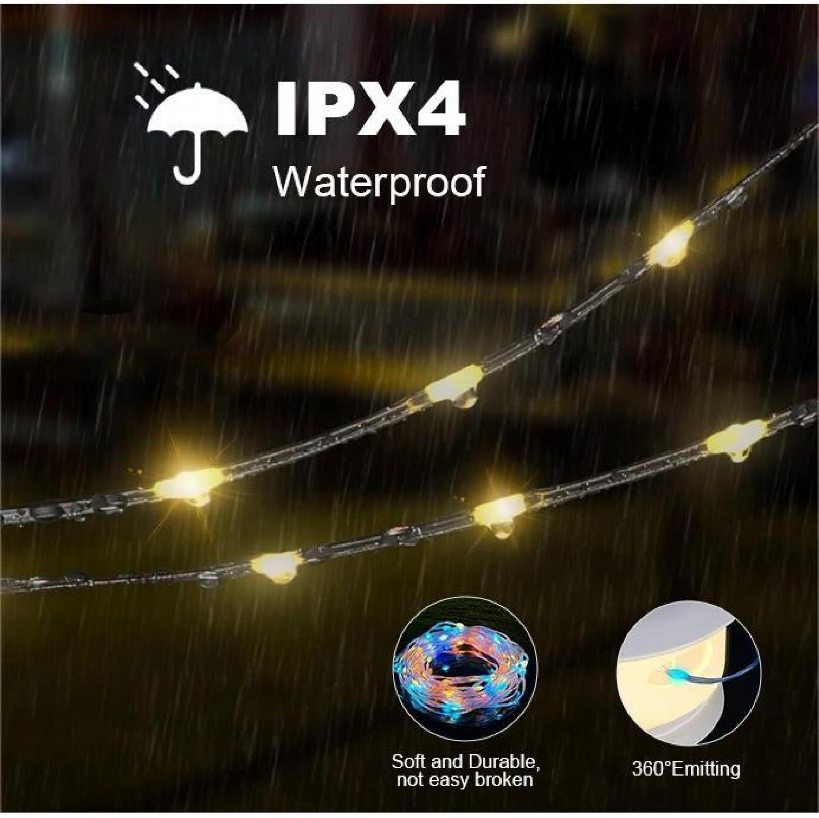 Lichterketten mit Wassertropfen. IPX4 wasserdicht. Zwei kleine runde Bilder. Eines sagt 'weich und haltbar, nicht leicht zerbrechlich'.