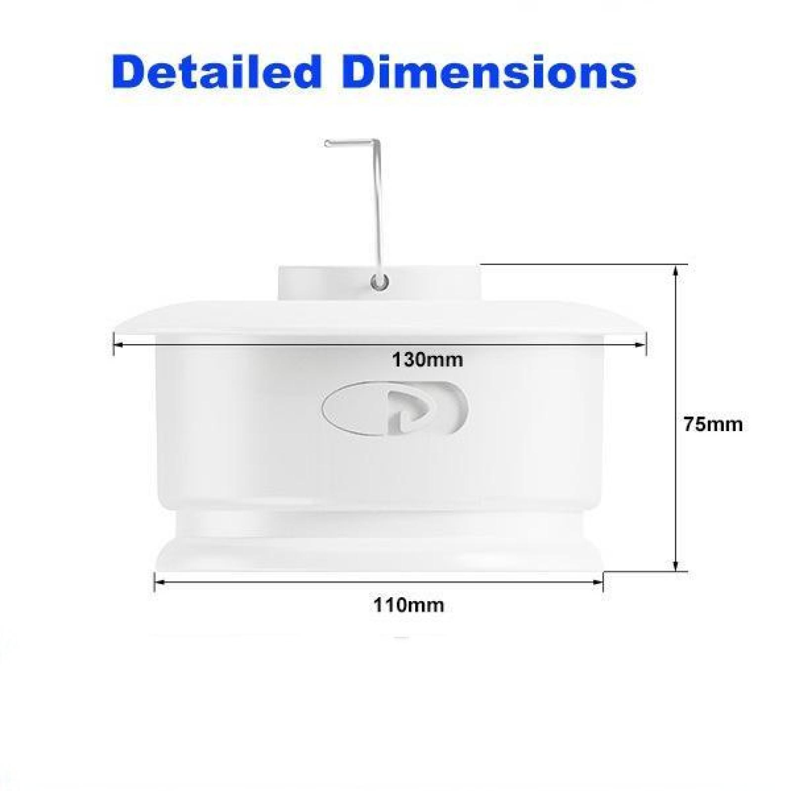 Weißes Gerät mit den angegebenen Abmessungen: 130 mm, 75 mm und 110 mm. Es hat einen Haken und die Worte Detaillierte Abmessungen.