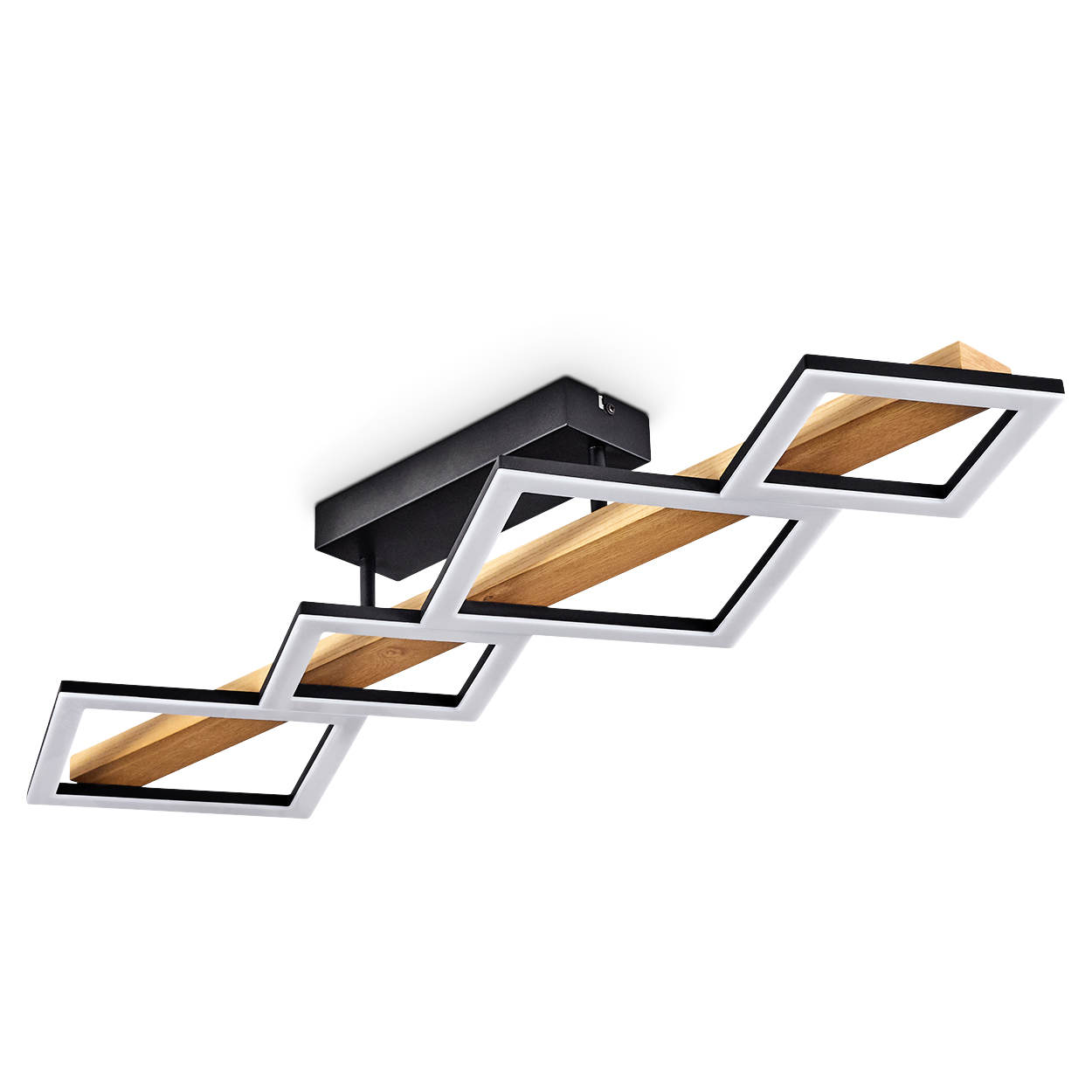 Eine moderne Deckenleuchte mit geometrischen Formen. Sie hat schwarze, weiße und Holzelemente vor weißem Hintergrund.