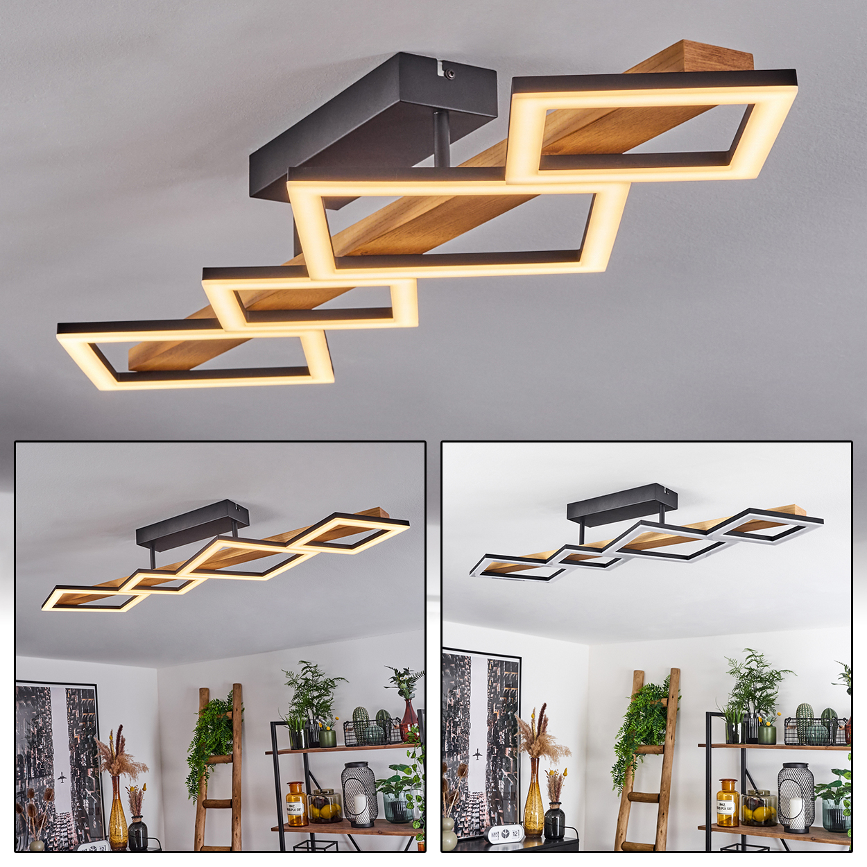 Eine moderne Deckenleuchte mit geometrischen Formen. Sie hat rechteckige Leuchten und Holzstützen vor grauem Hintergrund.