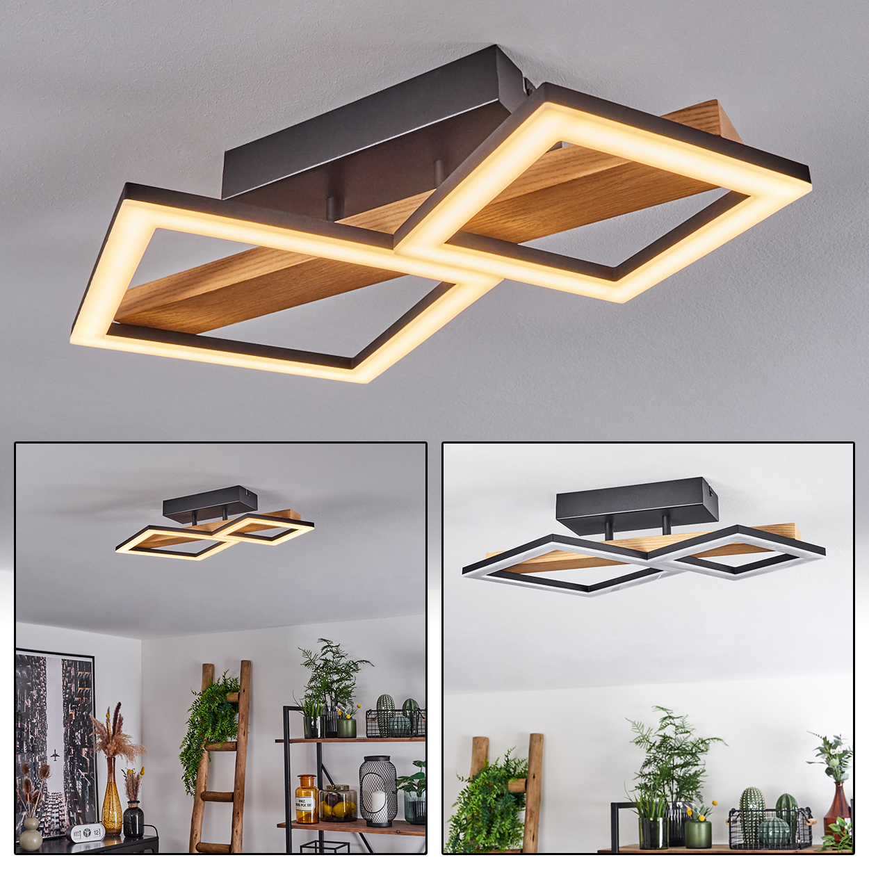 Eine moderne Deckenleuchte. Sie hat zwei quadratische Rahmen mit Lichtern, Holzakzenten und einem schwarzen Sockel. Die Decke ist weiß.