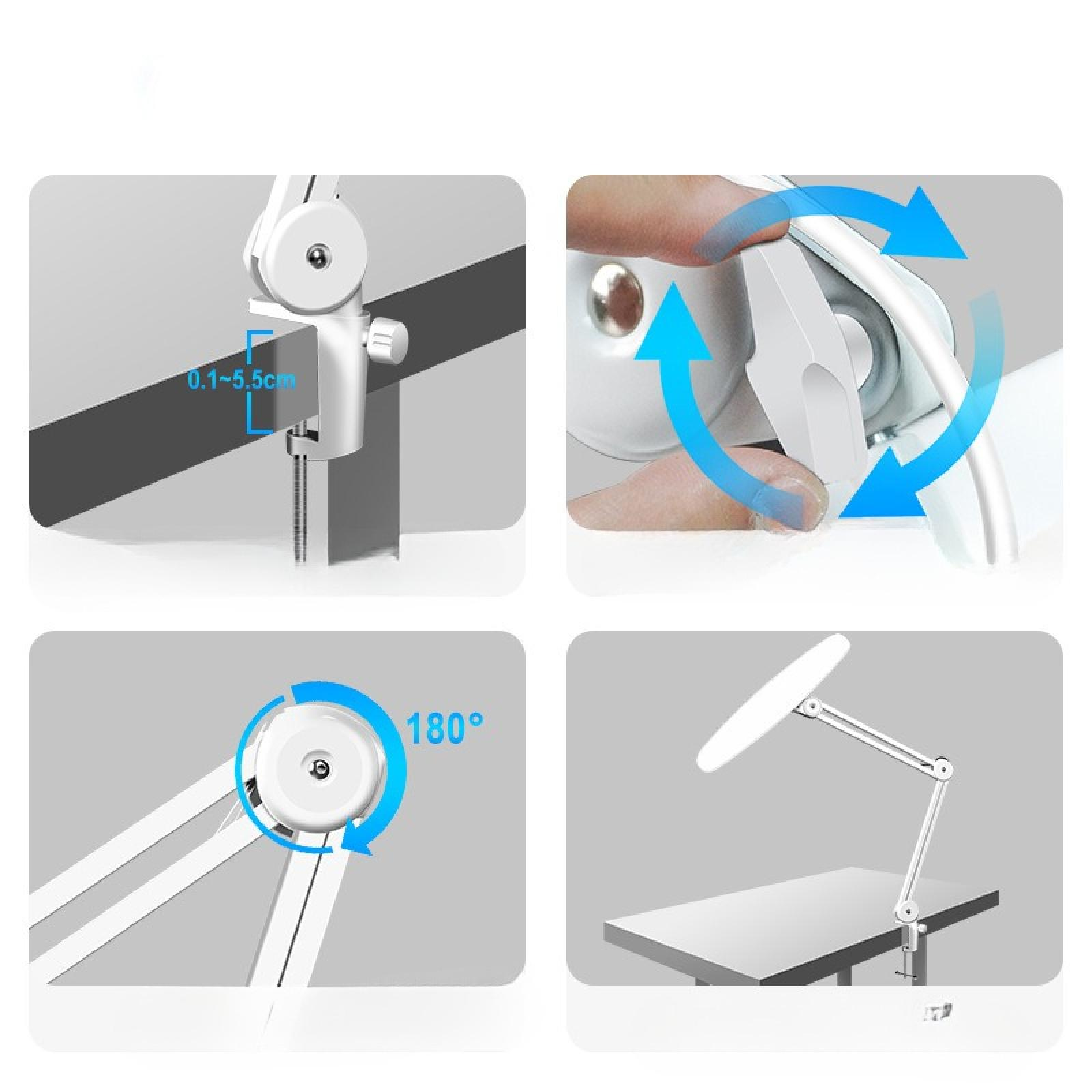 Diagramme zeigen eine weiße Schreibtischlampe, die in mehrere Richtungen verstellbar ist. Details umfassen Klemme, Drehung und Einstellbereich.