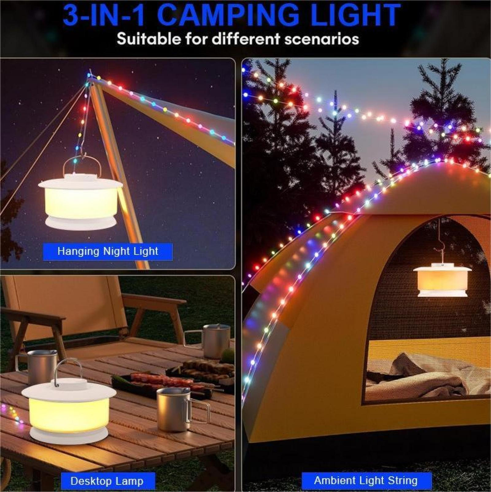 Das Bild zeigt eine 3-in-1-Campinglampe, die als Hängelampe, Schreibtischlampe und Umgebungslichtkette verwendet wird, in verschiedenen Szenarien.