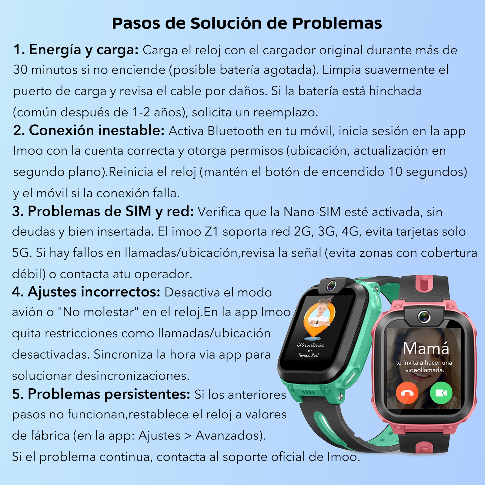 Un reloj inteligente verde y rosa con una pantalla que muestra una interfaz de videollamada. Las instrucciones de texto están a la izquierda.