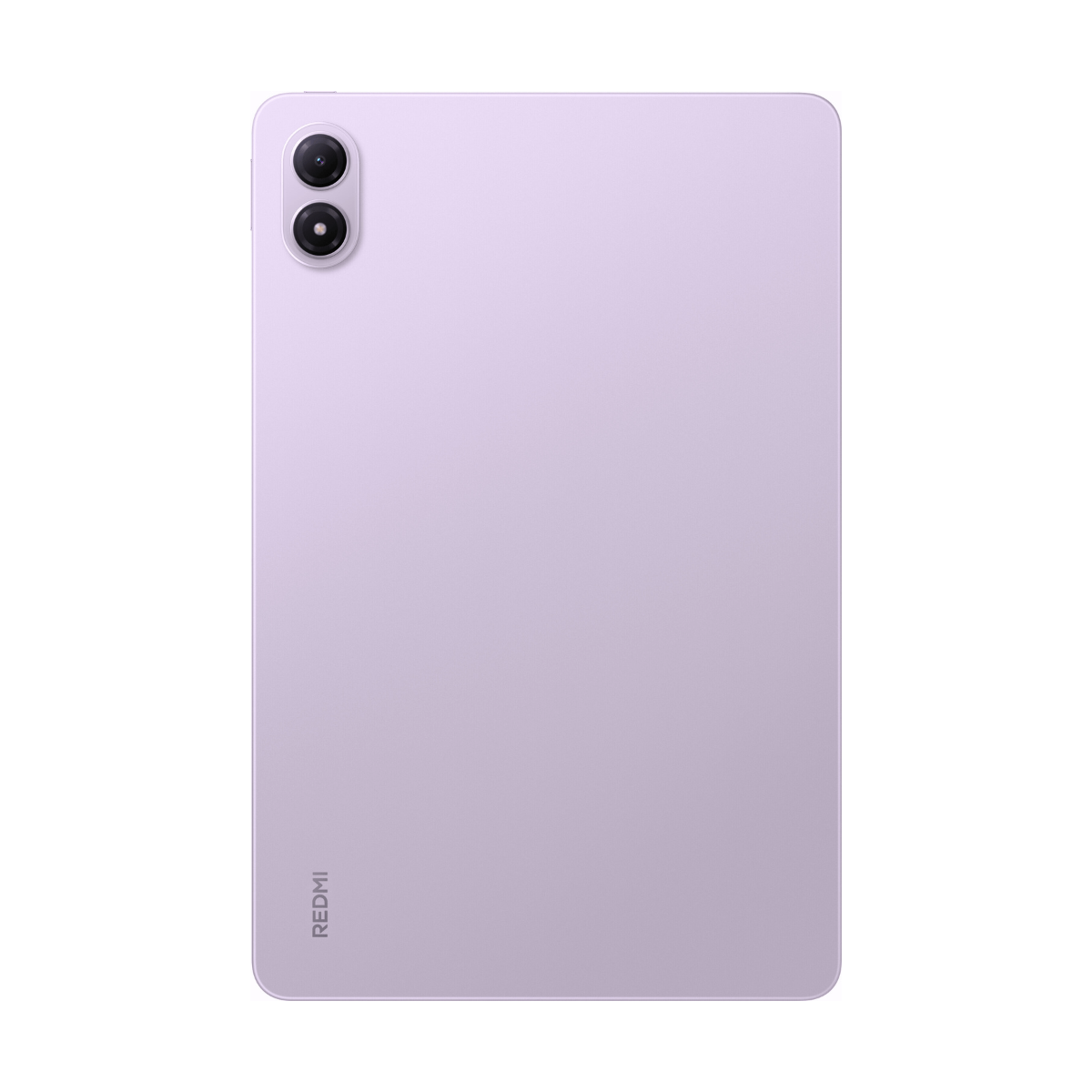 Una tableta lavanda, marca Redmi, con dos lentes de cámara en la parte superior. El fondo es blanco.