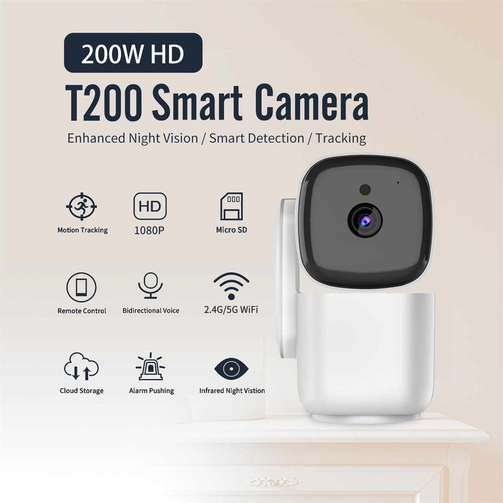 Eine weiße und schwarze T200 Smart-Kamera. Zu den Merkmalen gehören Bewegungserkennung, 1080P, Micro-SD, Fernbedienung und Cloud-Speicher.