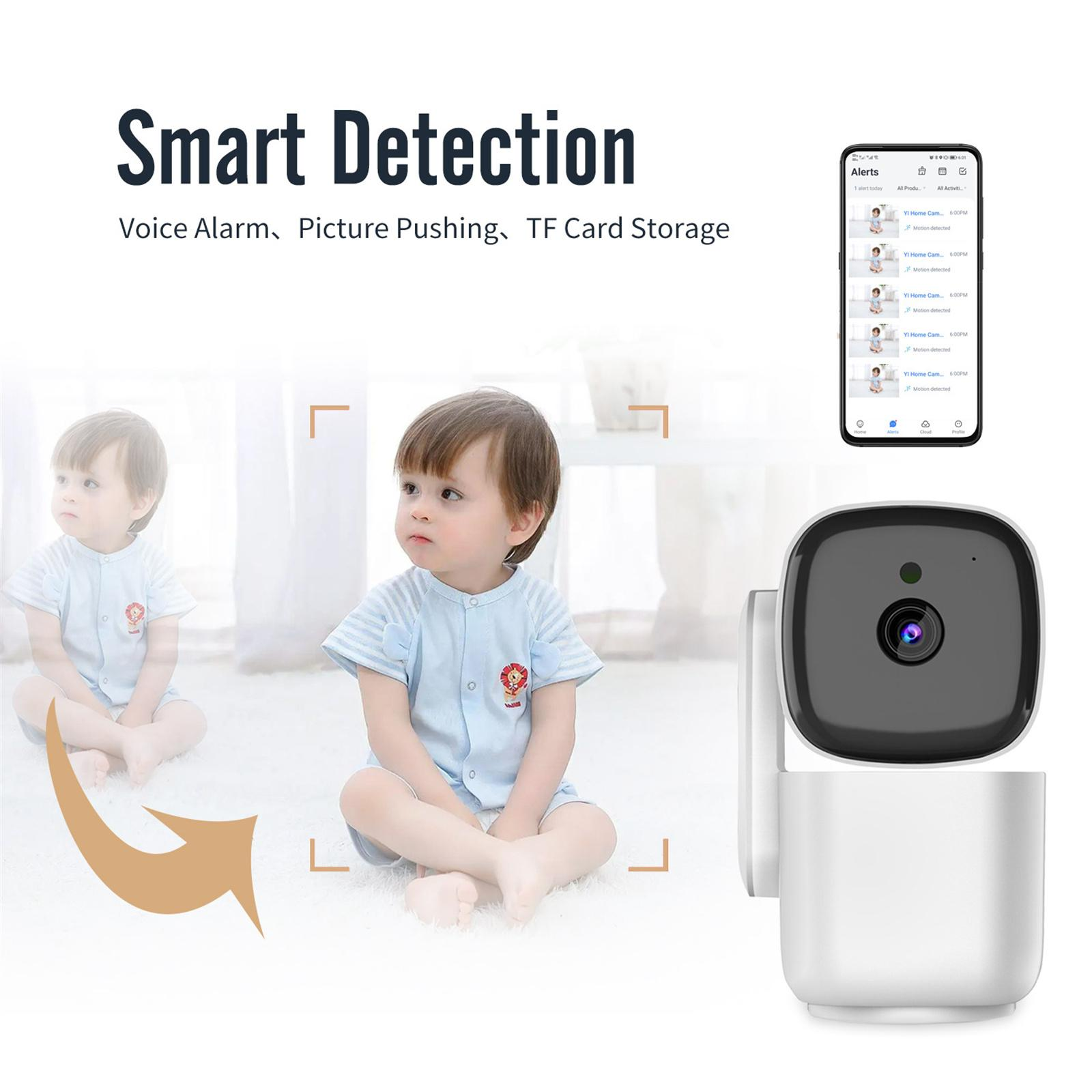 Das Bild zeigt ein Baby mit einer Überwachungskamera und einem Telefon, das Benachrichtigungen anzeigt. Text zeigt intelligente Erkennung.