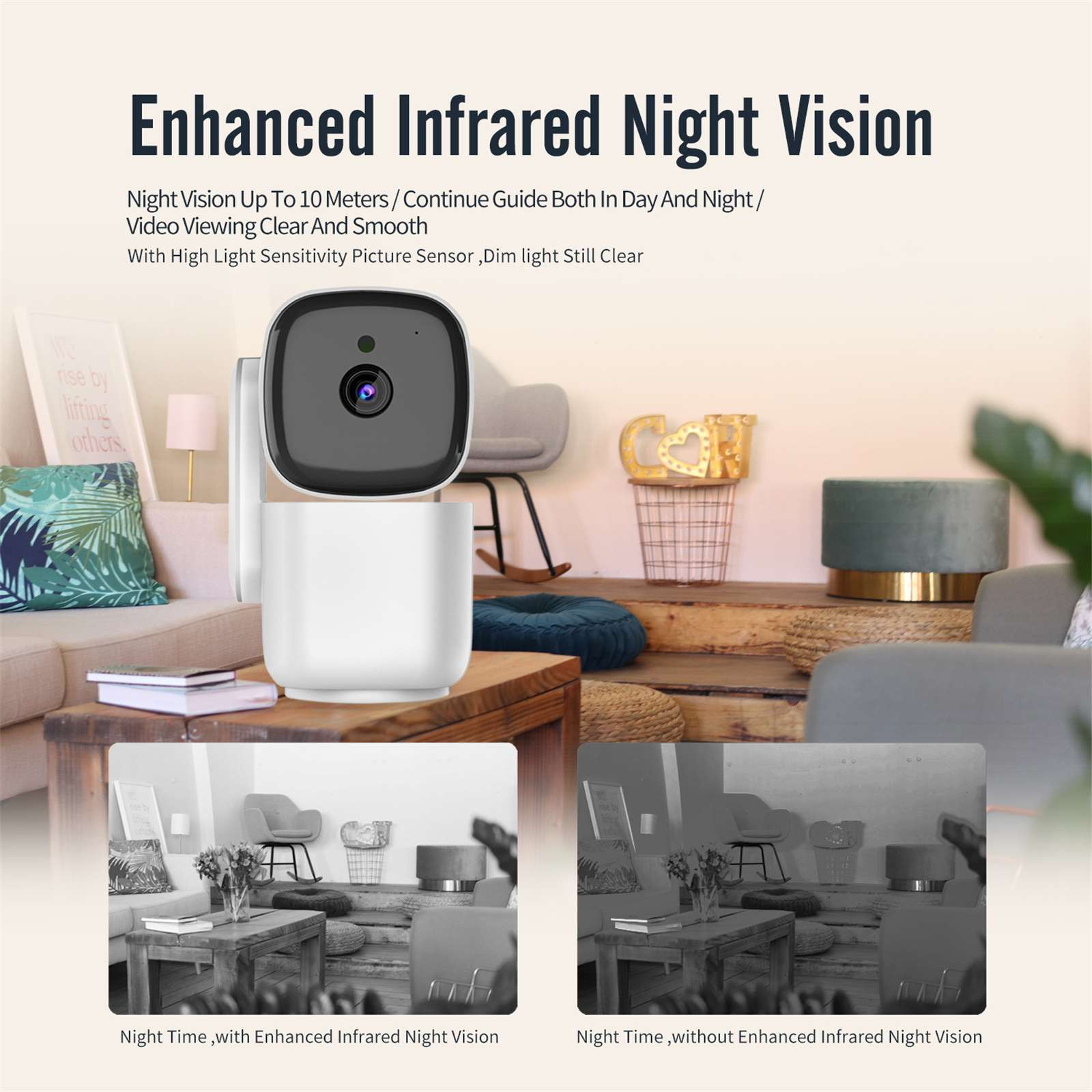Eine Überwachungskamera auf einem Tisch wird in einem Wohnzimmer gezeigt. Der Text oben lautet Enhanced Infrared Night Vision.