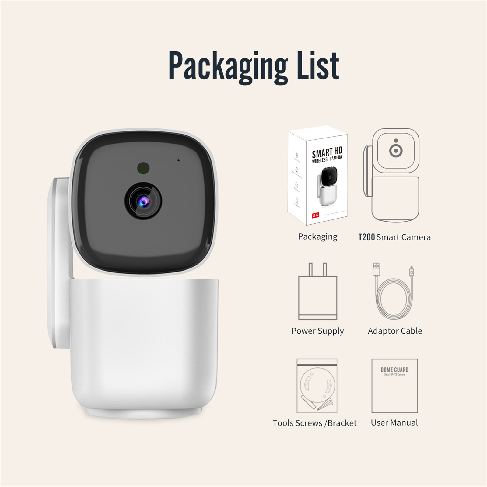 Verpackungsliste. Eine schwarz-weiße Smart-Kamera, Verpackung, Ladegerät, Kabel, Schrauben und ein Handbuch sind abgebildet.