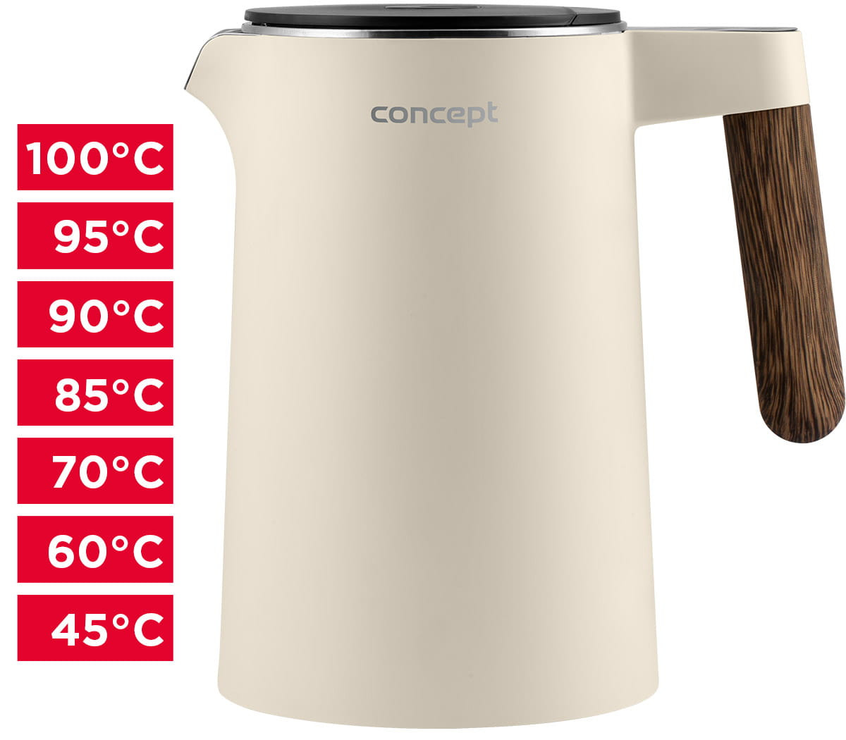 Kremowy czajnik elektryczny z drewnianym uchwytem. Posiada ustawienia temperatury od 45°C do 100°C.