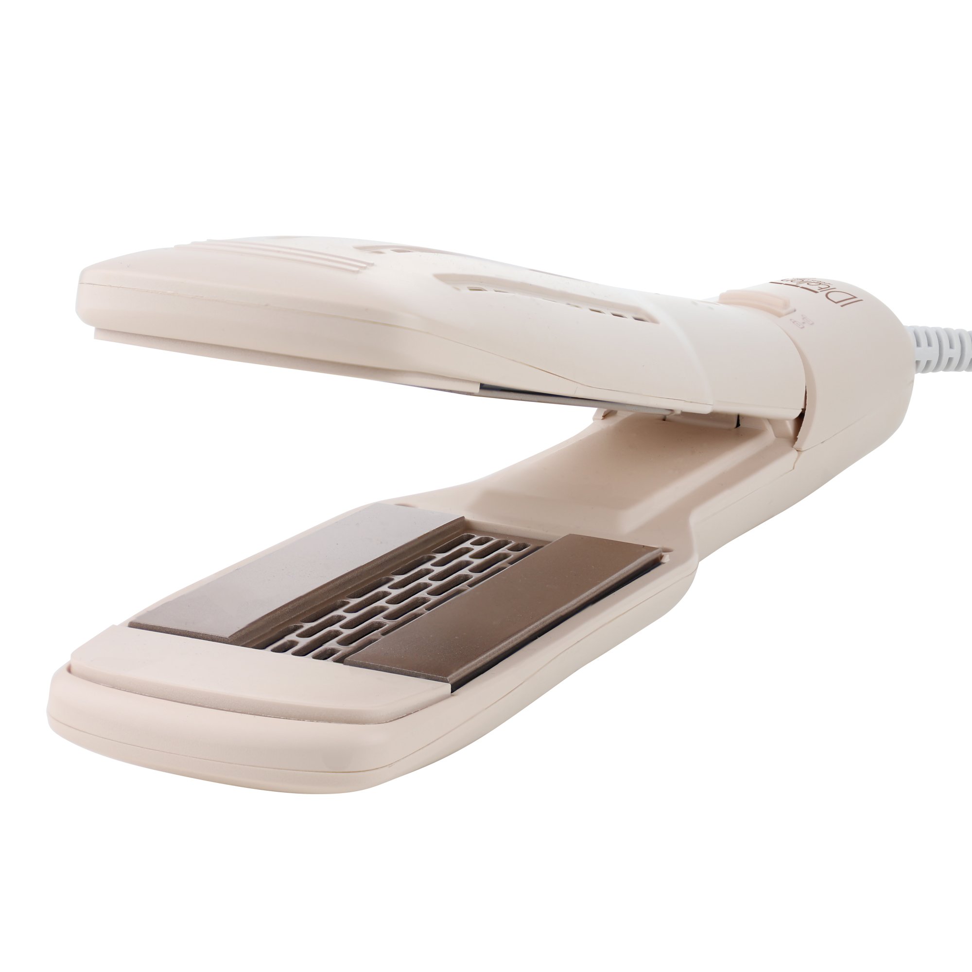 Otwarta, kremowa prostownica do włosów. Ma dwie płytki z brązowymi akcentami. Dołączony biały kabel.